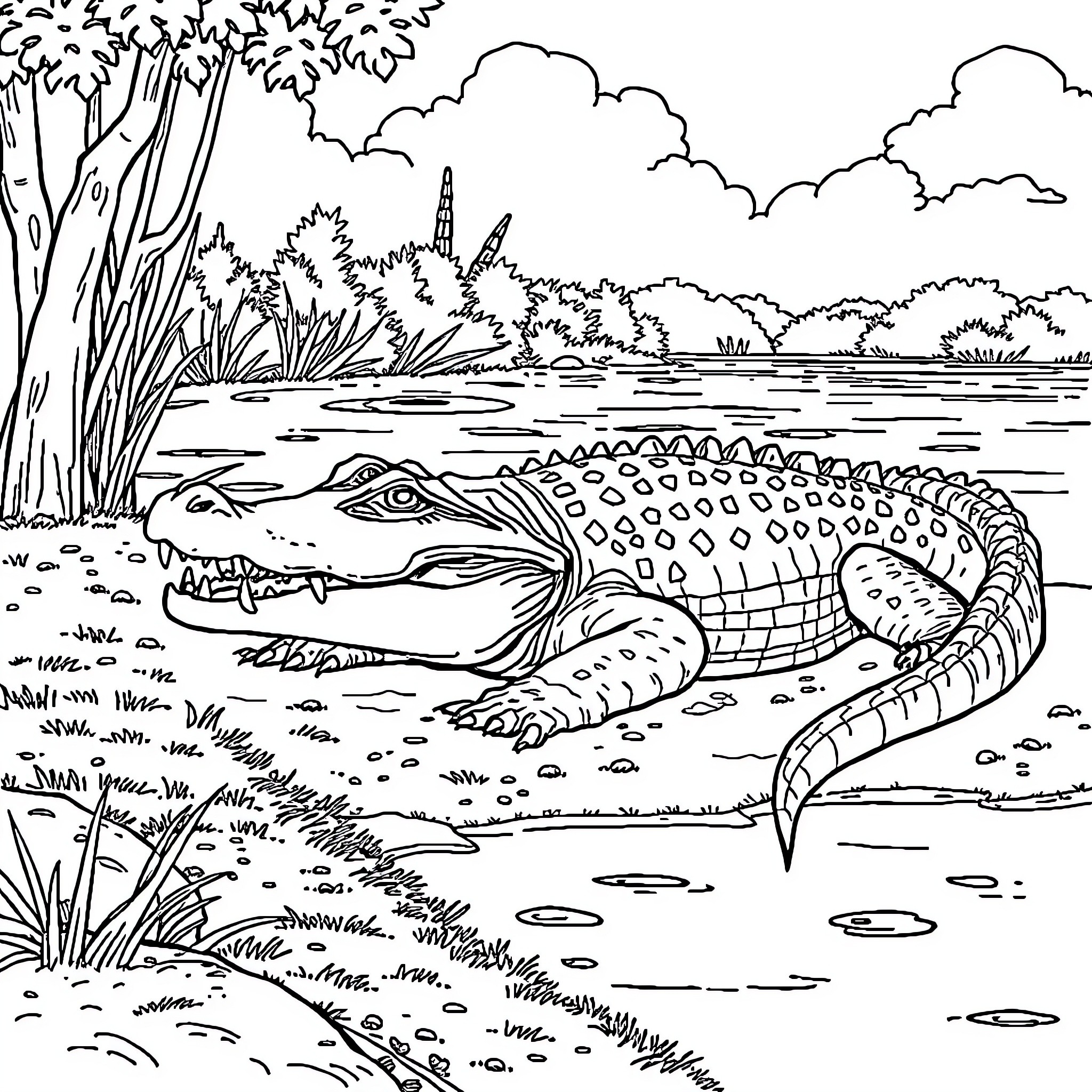 Crocodile basking in the swampy marsh Coloring Page (free black-and-white line drawing printable PDF for all, from beginners to advanced learners, including children, teens, adults, and seniors)