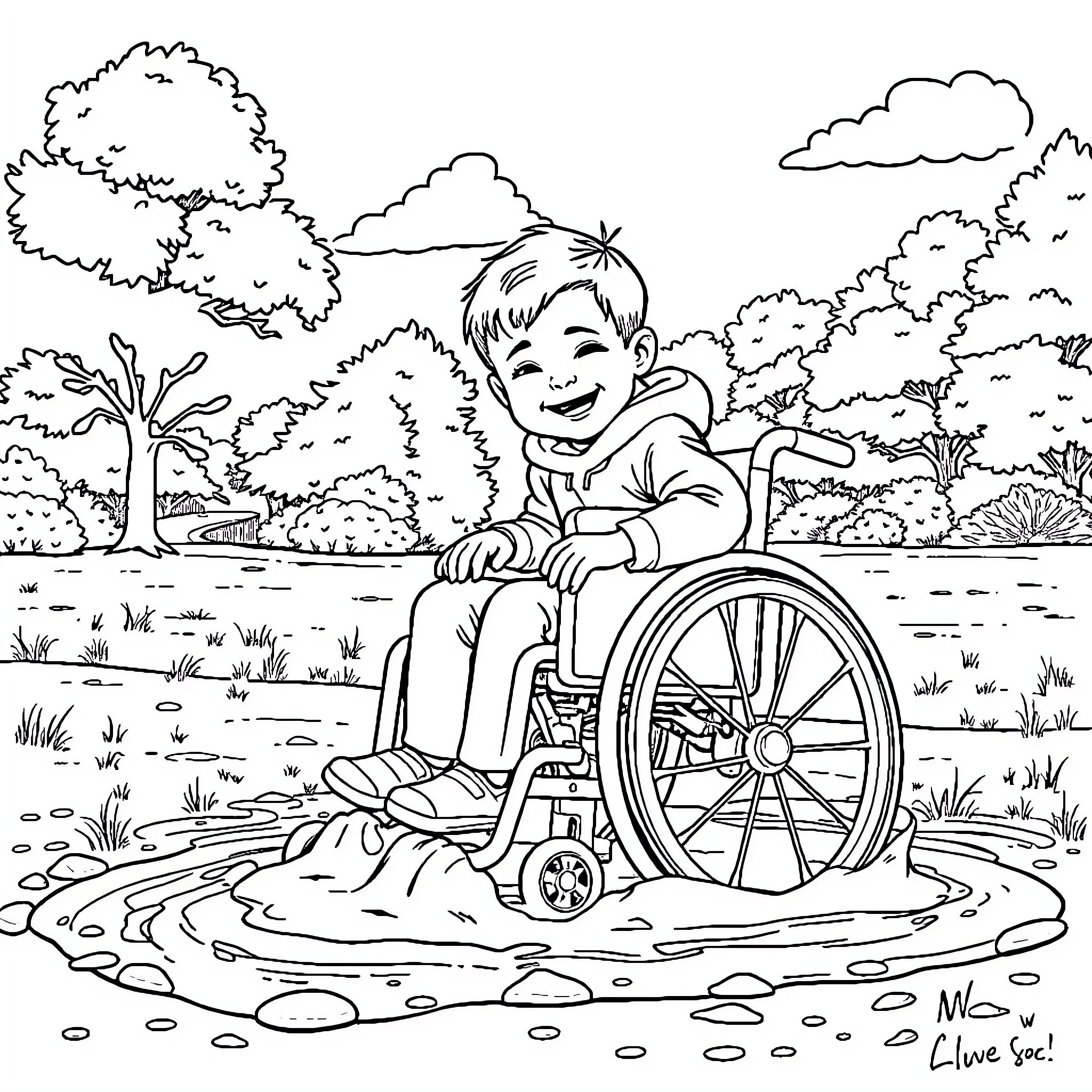 Child happily playing in nature from wheelchair Coloring Page (free black-and-white line drawing printable PDF for all, from beginners to advanced learners, including children, teens, adults, and seniors)