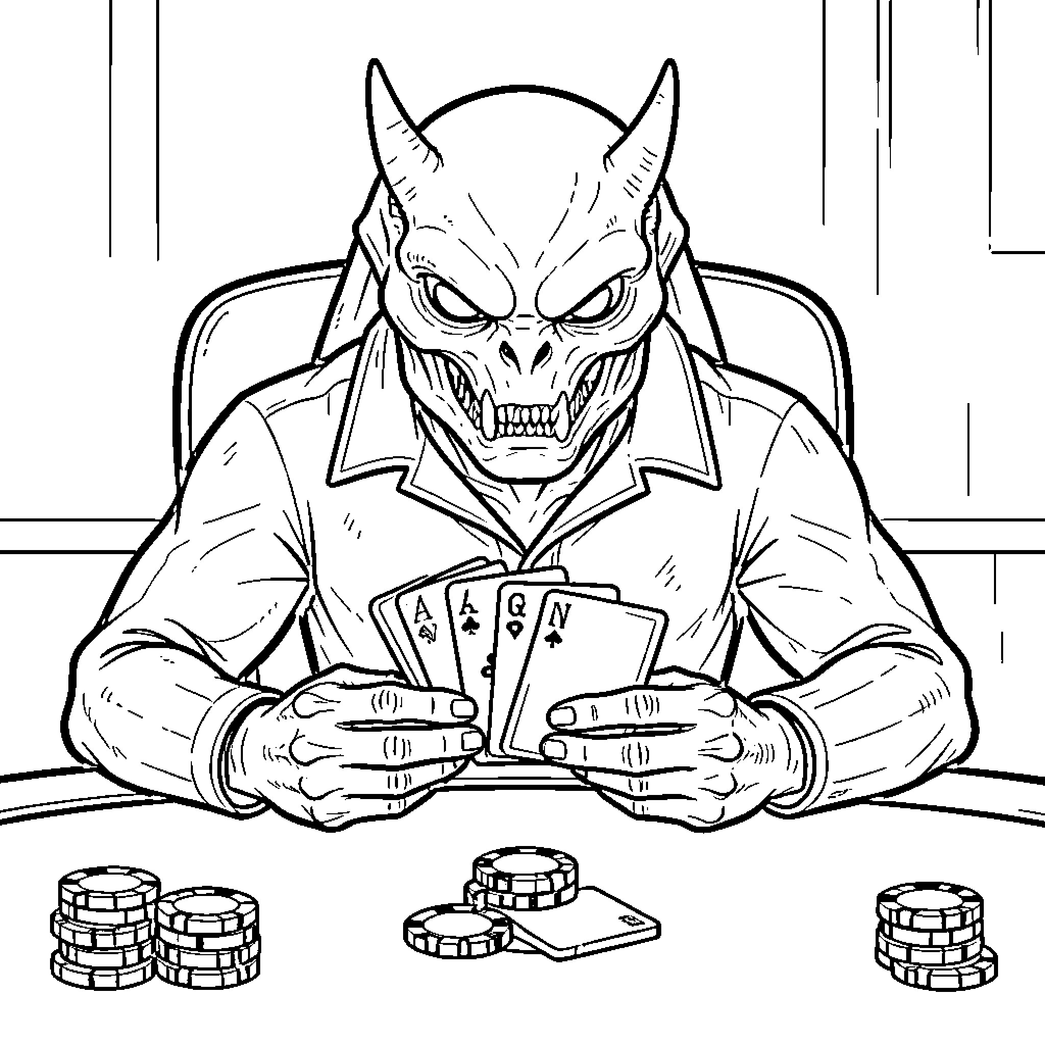 Predator playing a card game at a table Coloring Page (free black-and-white line drawing printable PDF for all, from beginners to advanced learners, including children, teens, adults, and seniors)