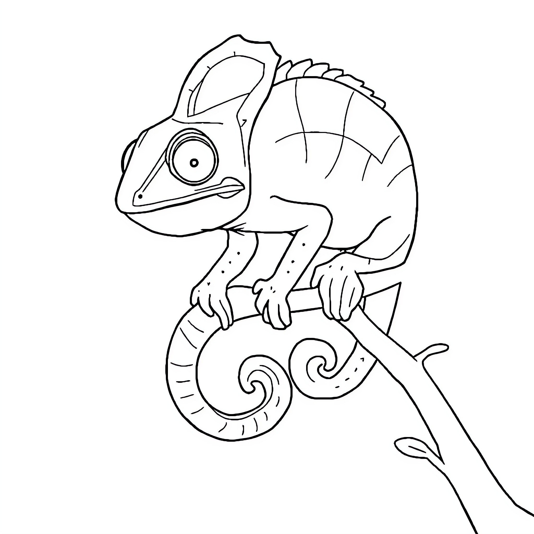 Chameleon climbing curiously on a branch Coloring Page (free black-and-white line drawing printable PDF for all, from beginners to advanced learners, including children, teens, adults, and seniors)