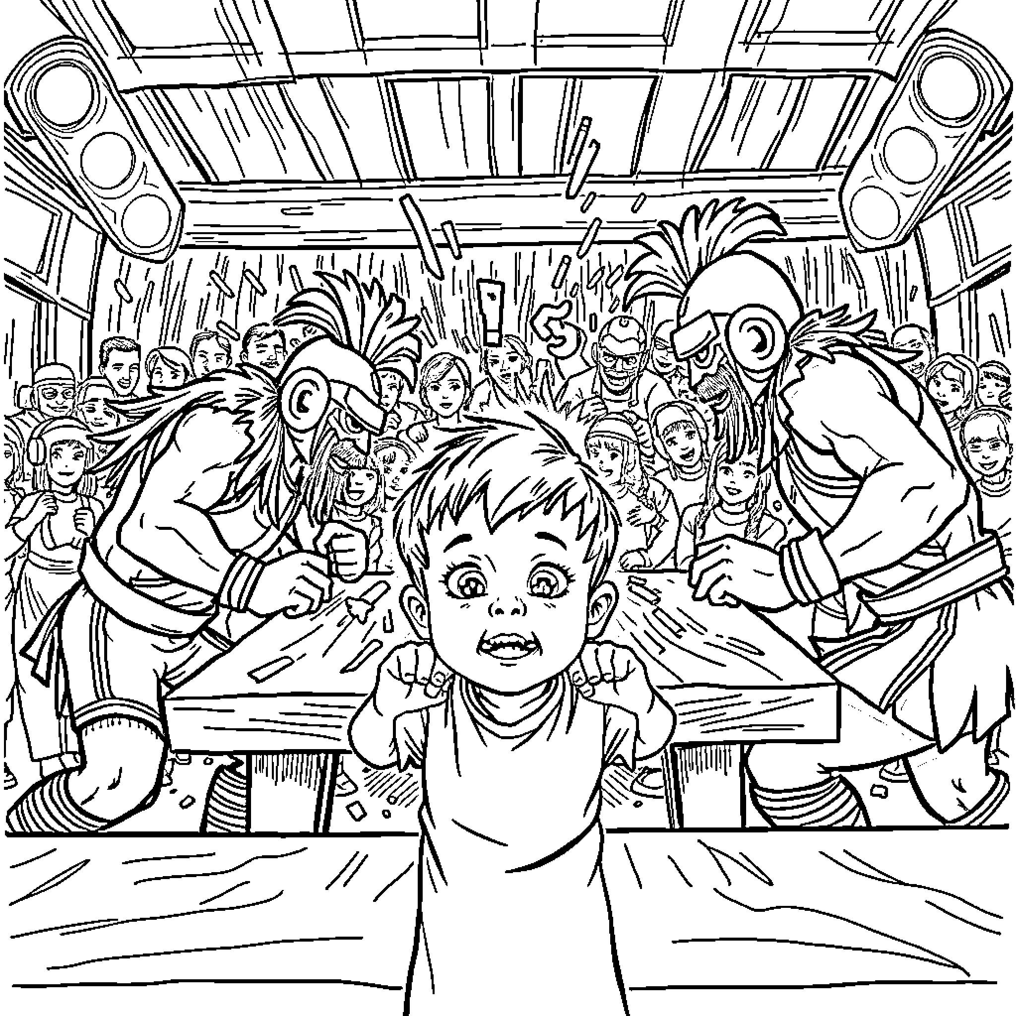 Wrestler amid intense crowd in arena Coloring Page (free black-and-white line drawing printable PDF for all, from beginners to advanced learners, including children, teens, adults, and seniors)