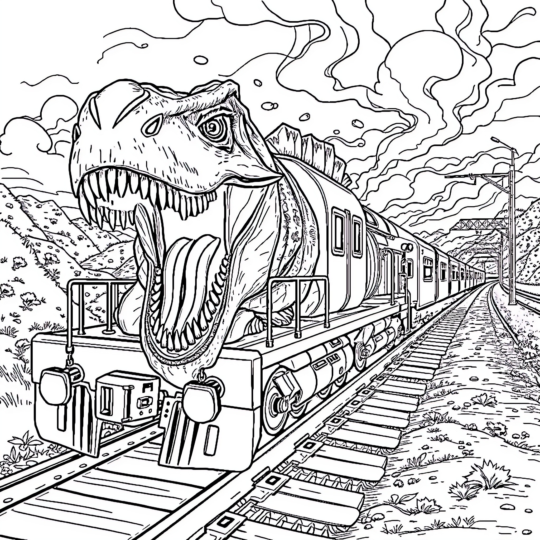 Indonraptor train carrying terrifying dinosaur Coloring Page (free black-and-white line drawing printable PDF for all, from beginners to advanced learners, including children, teens, adults, and seniors)