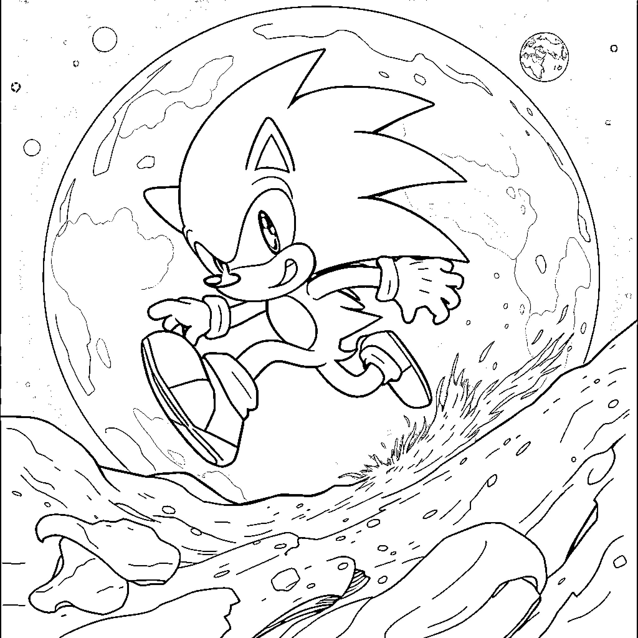 Sonic the Hedgehog racing through an alien landscape Coloring Page (free black-and-white line drawing printable PDF for all, from beginners to advanced learners, including children, teens, adults, and seniors)