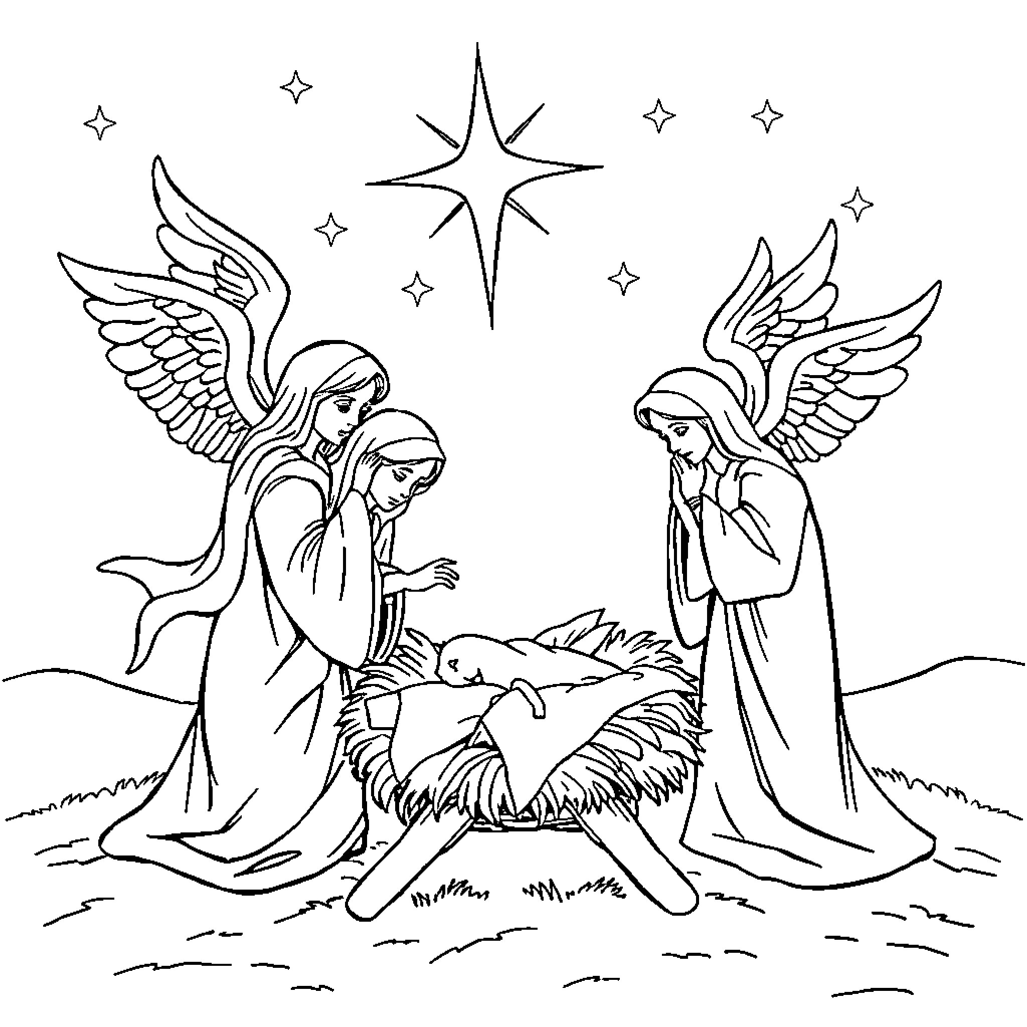 Angel's Adoration of the Baby Jesus Coloring Page (free black-and-white line drawing printable PDF for all, from beginners to advanced learners, including children, teens, adults, and seniors)