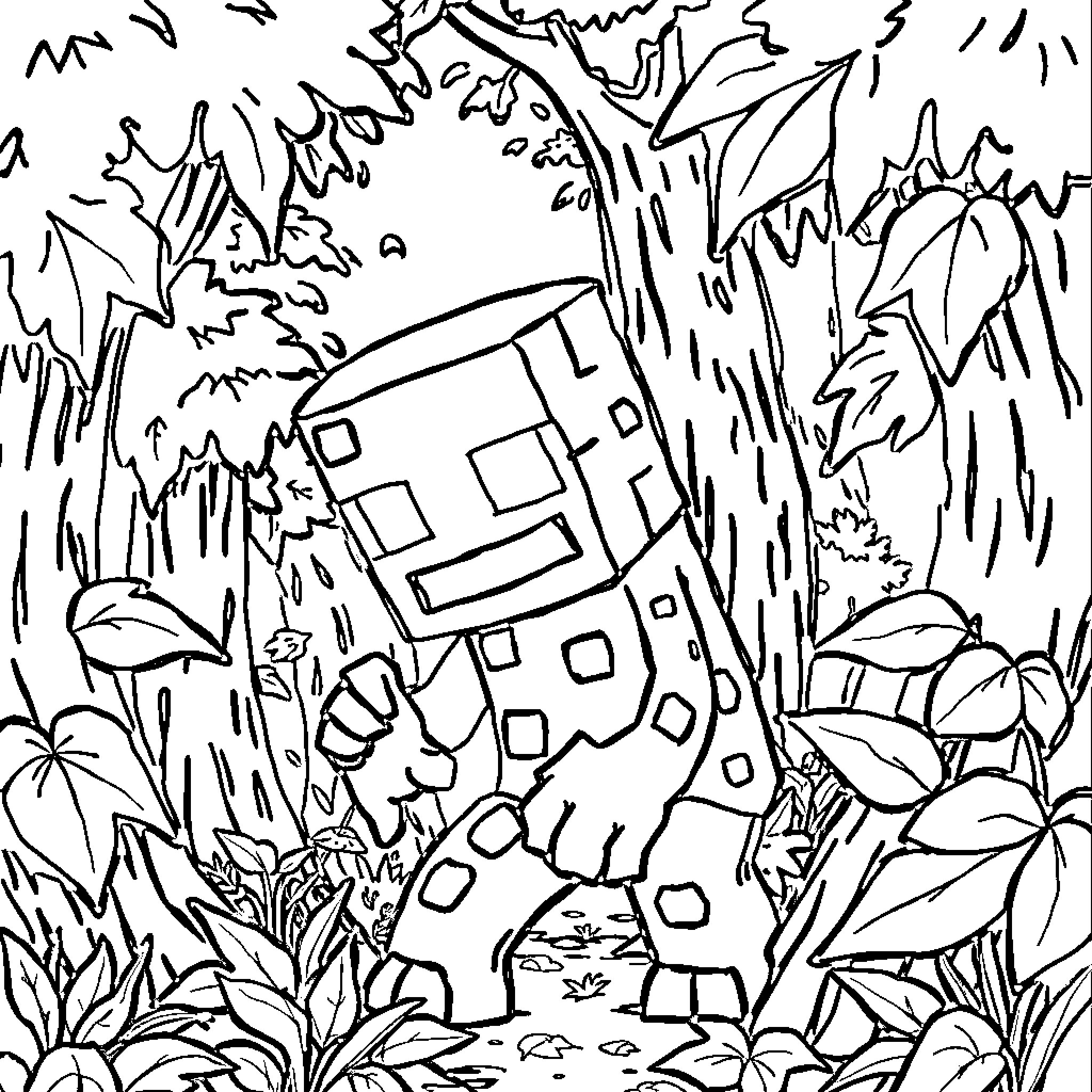 Creeper exploring the dense forest Coloring Page (free black-and-white line drawing printable PDF for all, from beginners to advanced learners, including children, teens, adults, and seniors)