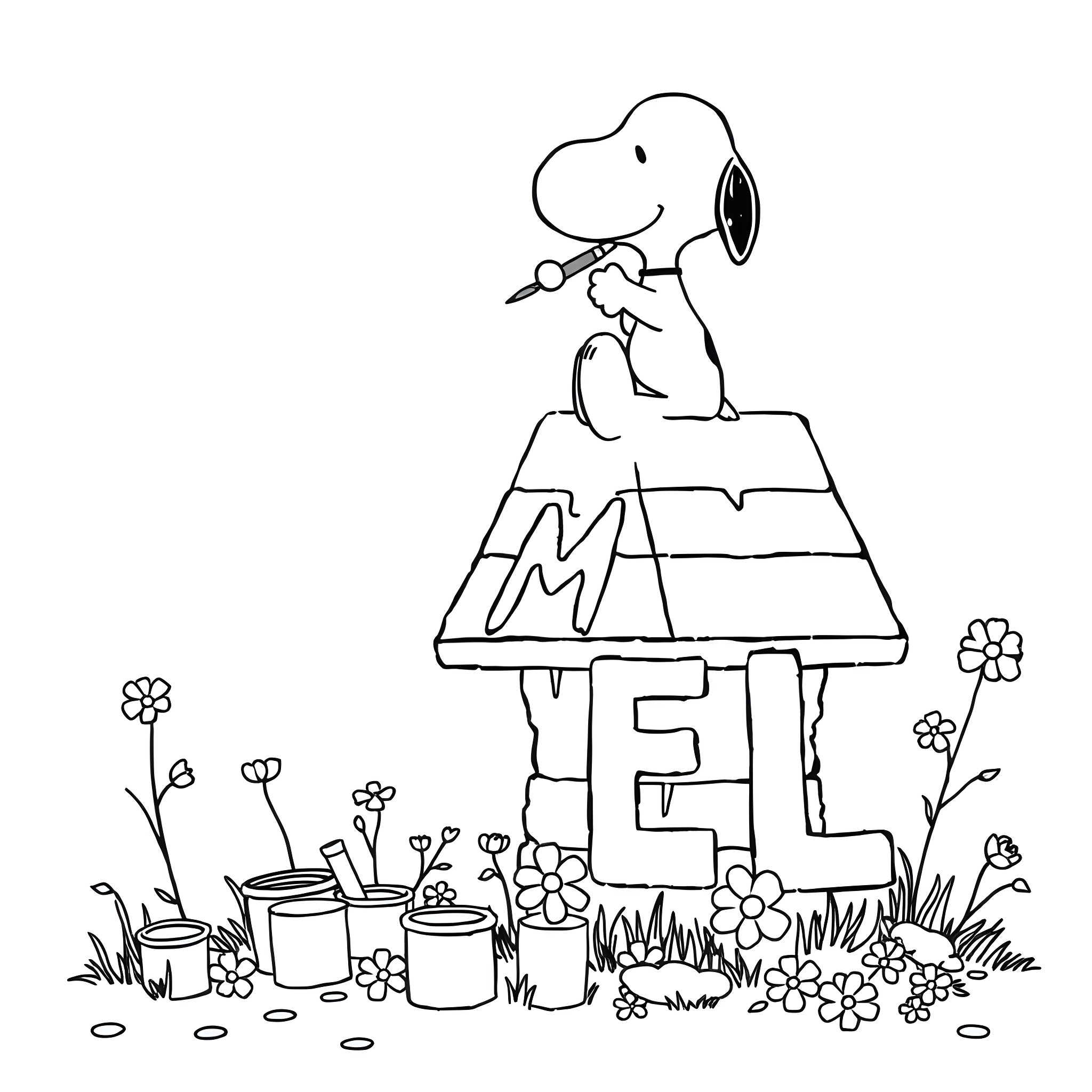 Snoopy working in the garden with his dog house Coloring Page (free black-and-white line drawing printable PDF for all, from beginners to advanced learners, including children, teens, adults, and seniors)