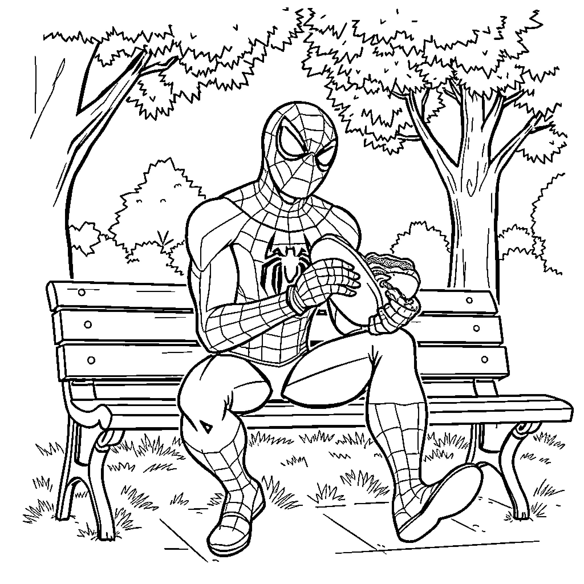 Spiderman resting on a park bench Coloring Page (free black-and-white line drawing printable PDF for all, from beginners to advanced learners, including children, teens, adults, and seniors)