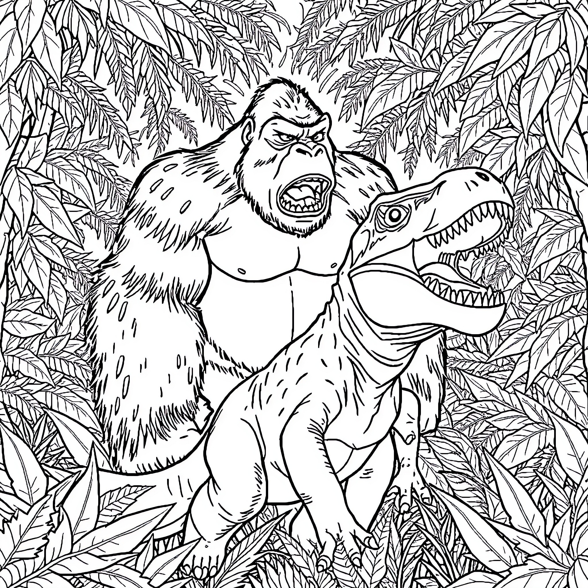 Kong battling a ferocious dinosaur in the dense jungle Coloring Page (free black-and-white line drawing printable PDF for all, from beginners to advanced learners, including children, teens, adults, and seniors)
