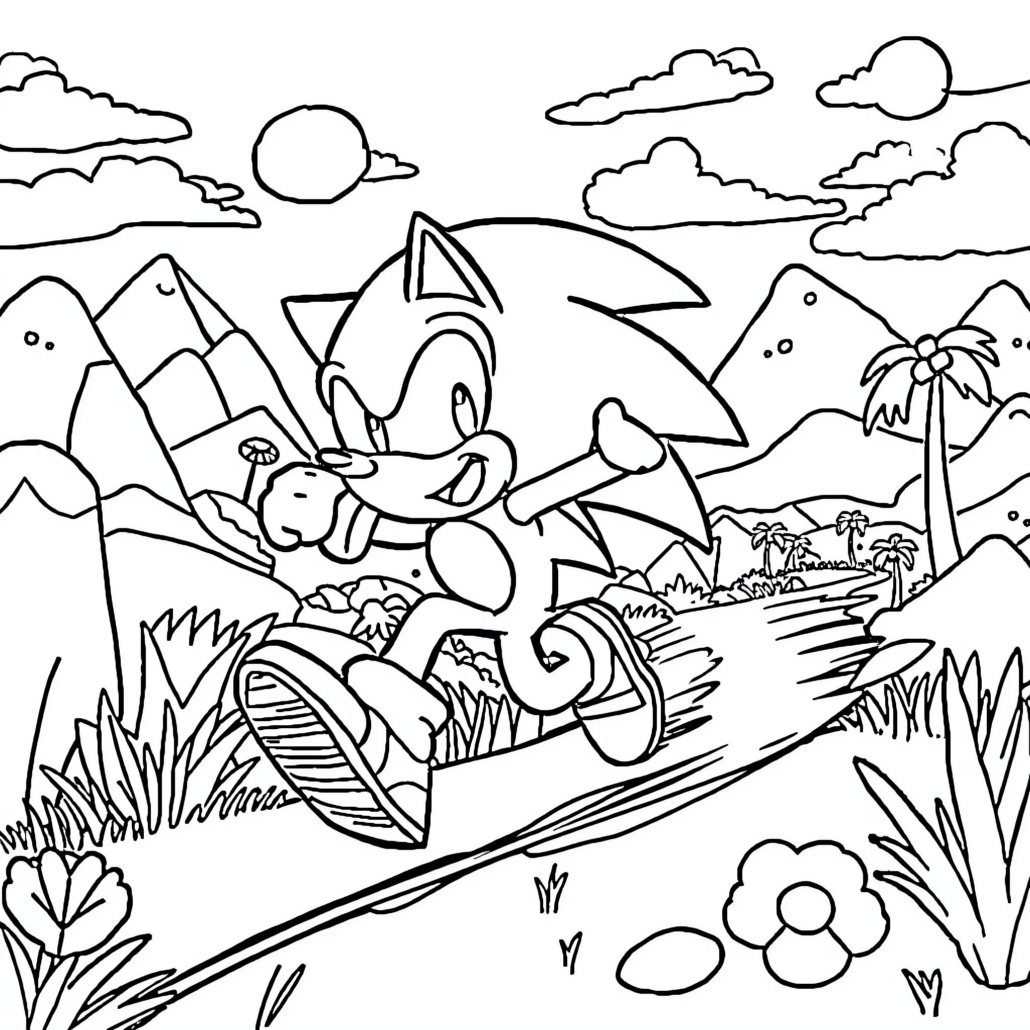 Sonic running through vibrant nature landscape Coloring Page (free black-and-white line drawing printable PDF for all, from beginners to advanced learners, including children, teens, adults, and seniors)