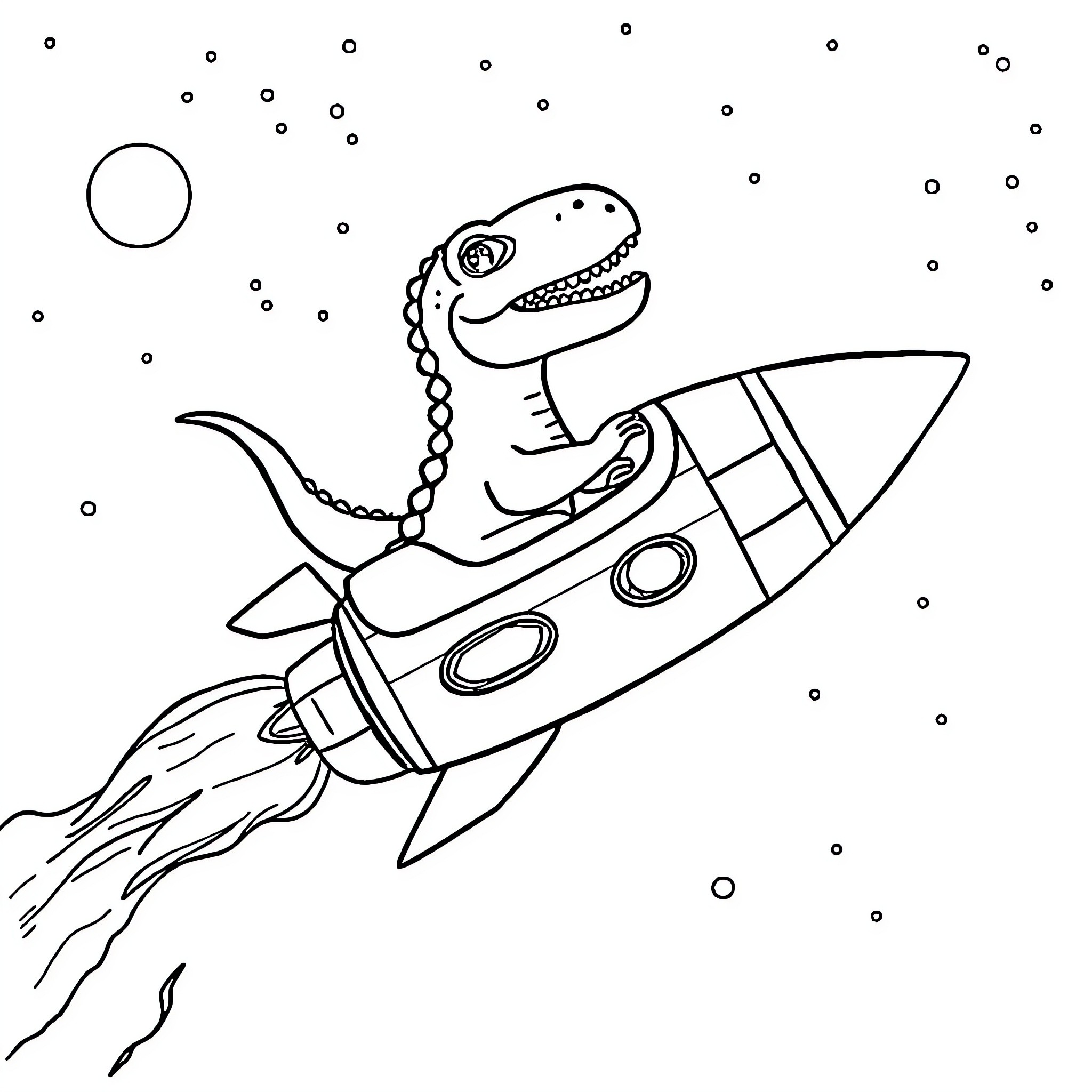 Dinosaur flying on a rocket in space Coloring Page (free black-and-white line drawing printable PDF for all, from beginners to advanced learners, including children, teens, adults, and seniors)