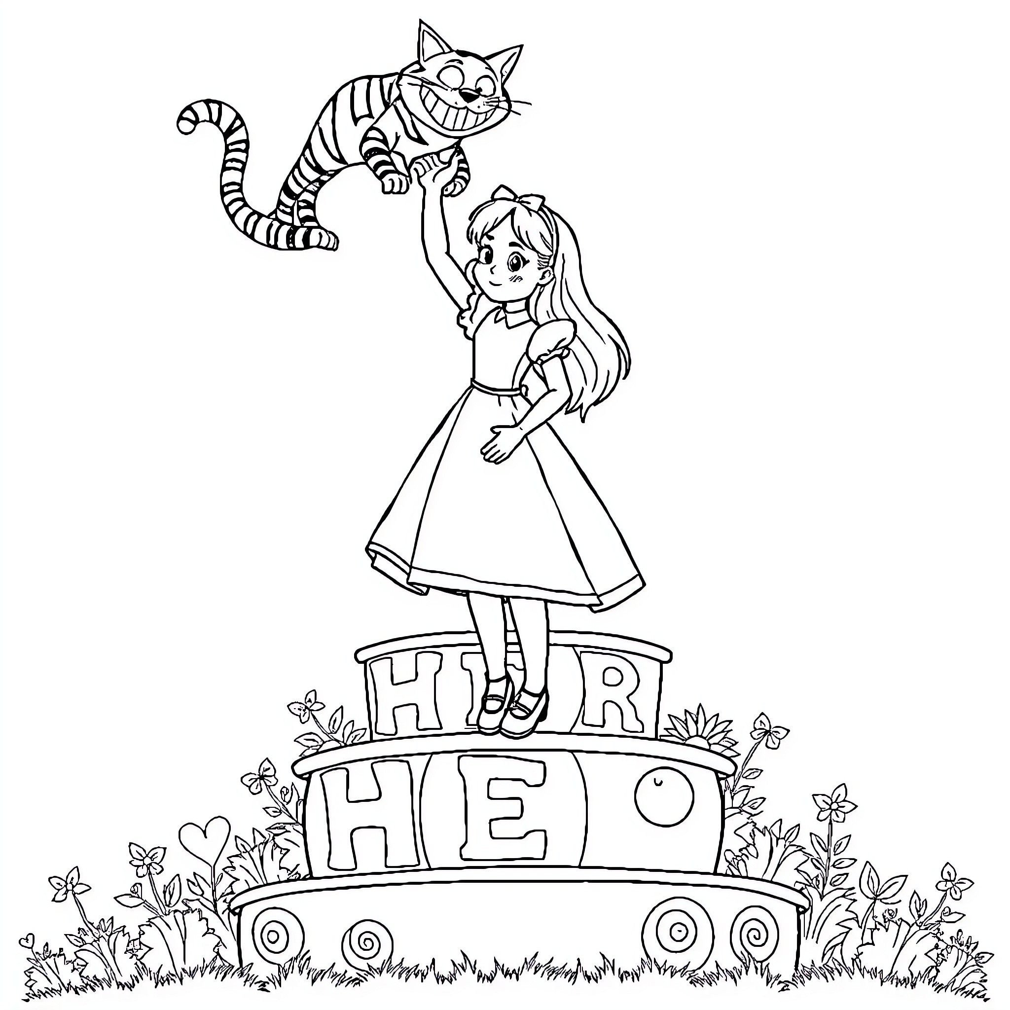 Alice Happily Greeting a Playful Cat on a Flower Cart Coloring Page (free black-and-white line drawing printable PDF for all, from beginners to advanced learners, including children, teens, adults, and seniors)