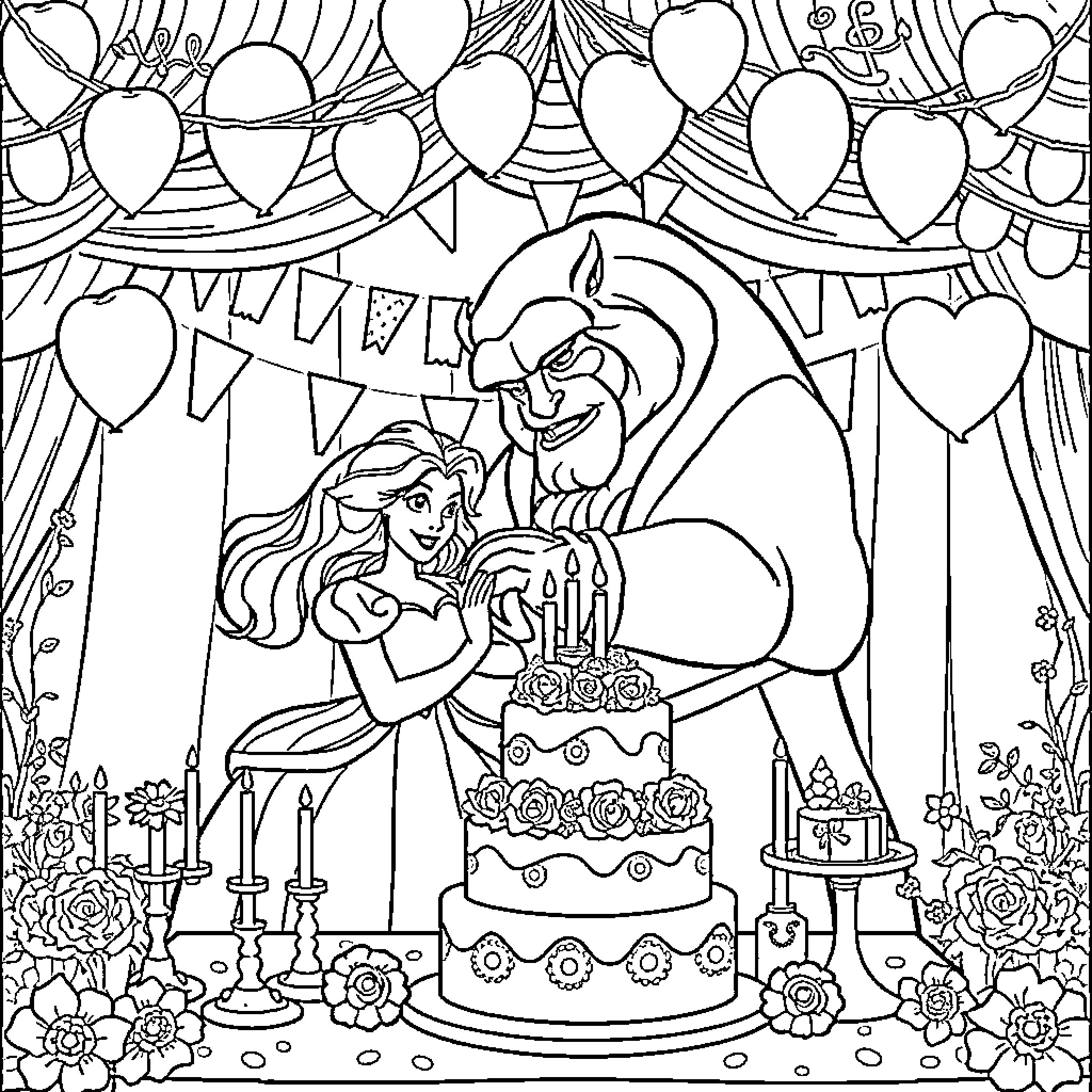 Beauty And The Beast Celebrating With Balloons And Cake Coloring Page (free black-and-white line drawing printable PDF for all, from beginners to advanced learners, including children, teens, adults, and seniors)