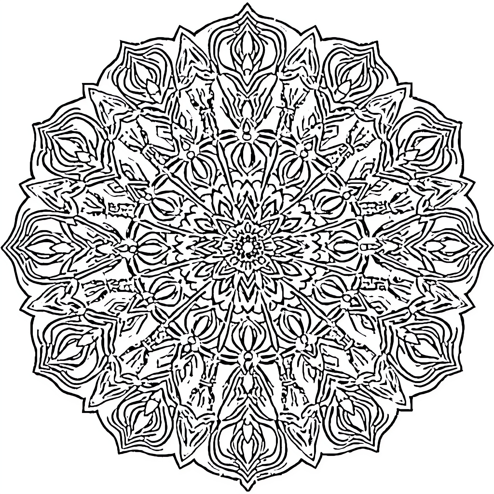 Mandala with intricate symmetrical patterns Coloring Page (free black-and-white line drawing printable PDF for all, from beginners to advanced learners, including children, teens, adults, and seniors)