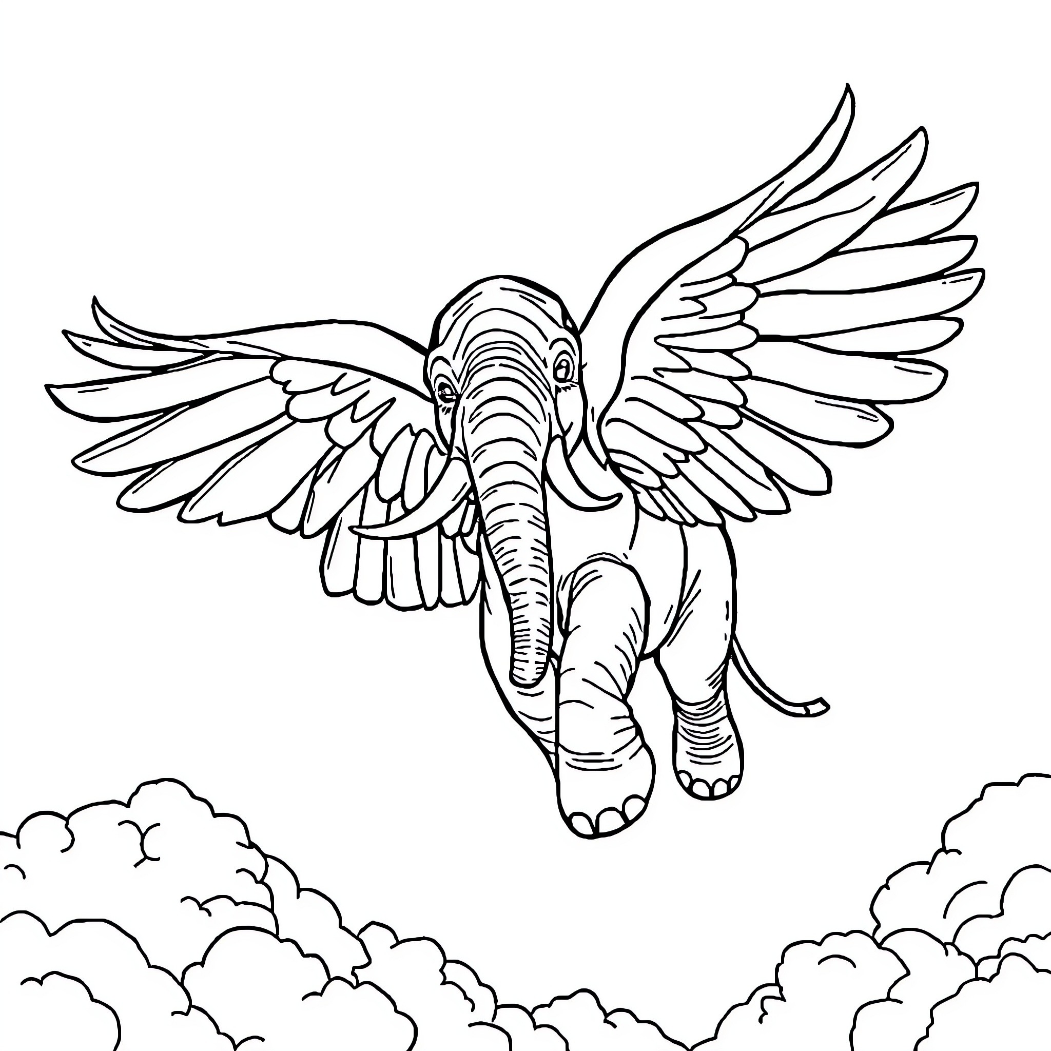 Elephant with majestic wings soaring through the sky Coloring Page (free black-and-white line drawing printable PDF for all, from beginners to advanced learners, including children, teens, adults, and seniors)