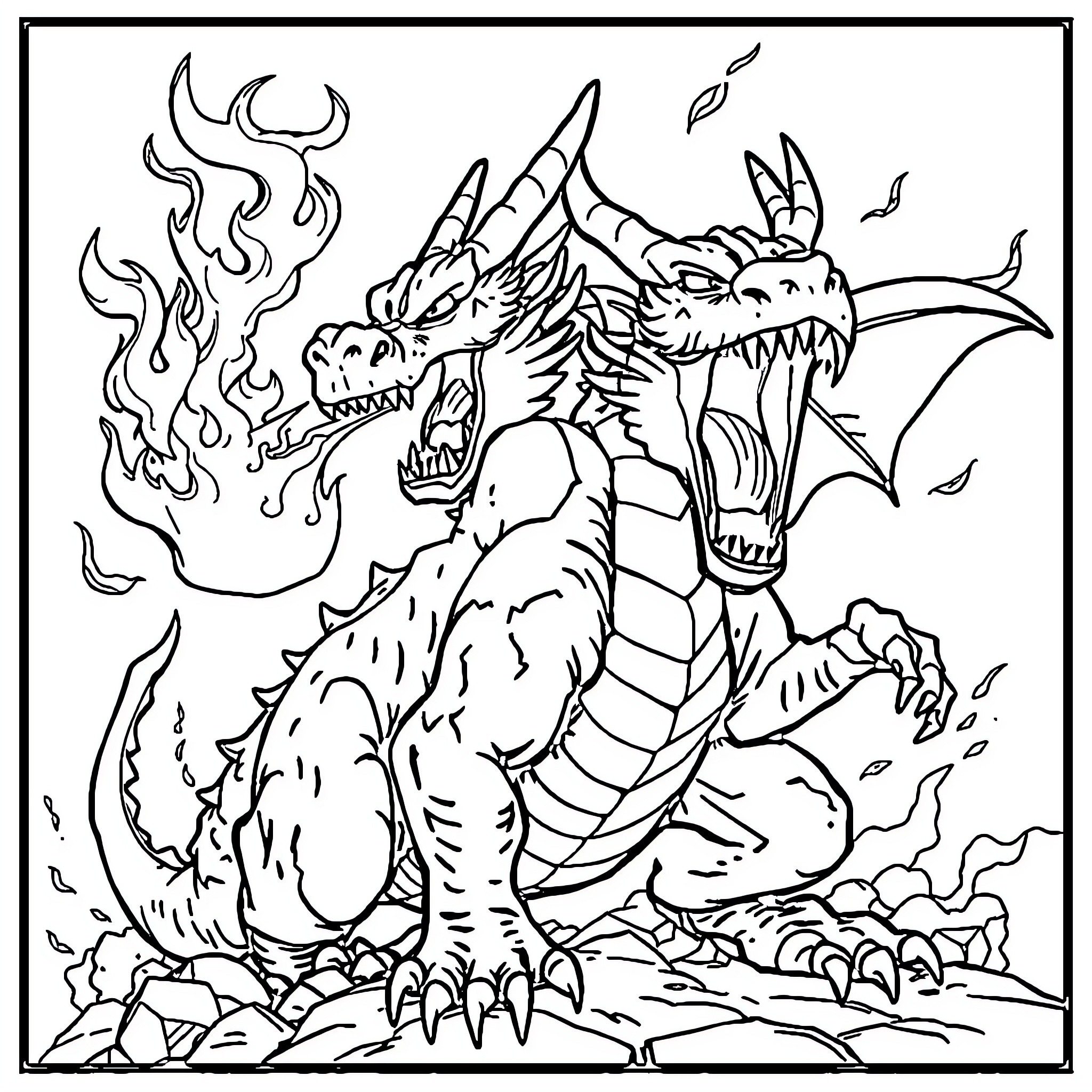Dragon Breathing Flames and Roaring Fiercely Coloring Page (free black-and-white line drawing printable PDF for all, from beginners to advanced learners, including children, teens, adults, and seniors)