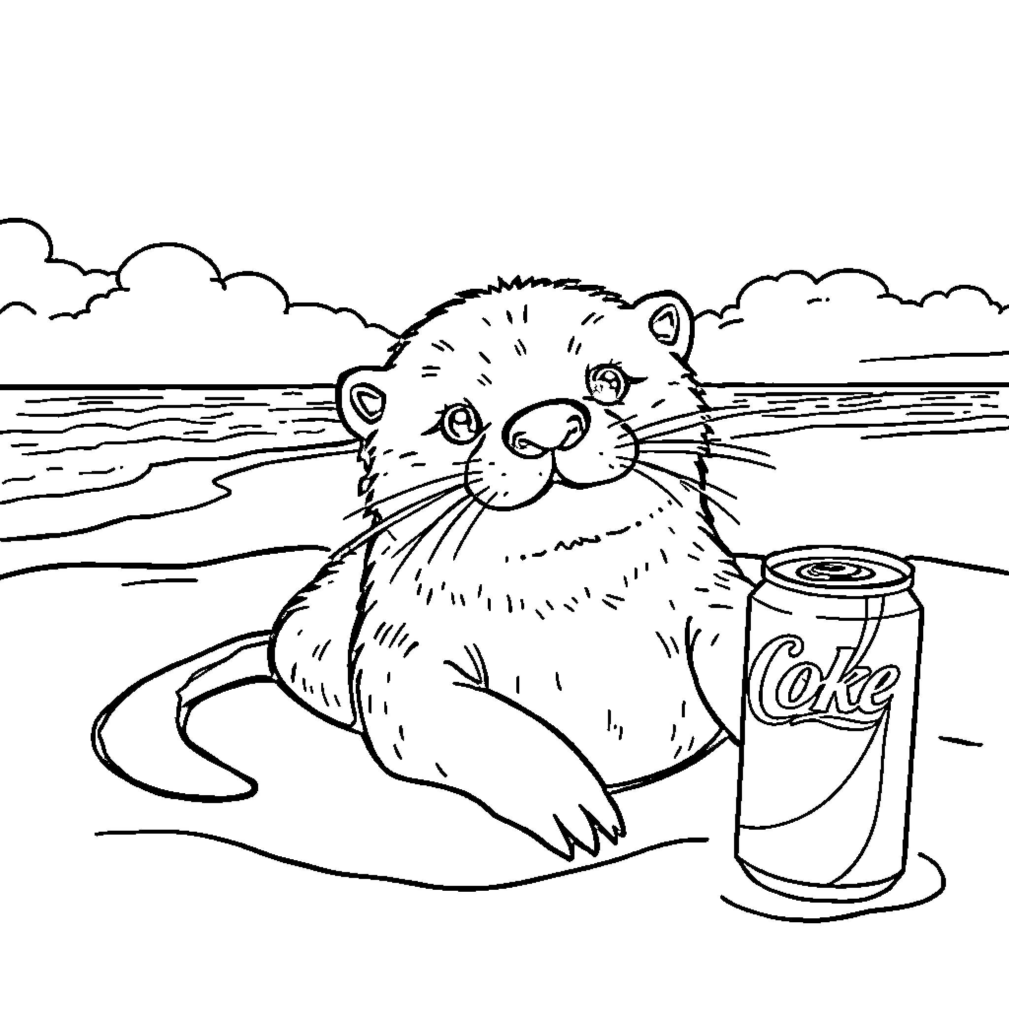 Otter enjoying a refreshing drink by the shore Coloring Page (free black-and-white line drawing printable PDF for all, from beginners to advanced learners, including children, teens, adults, and seniors)