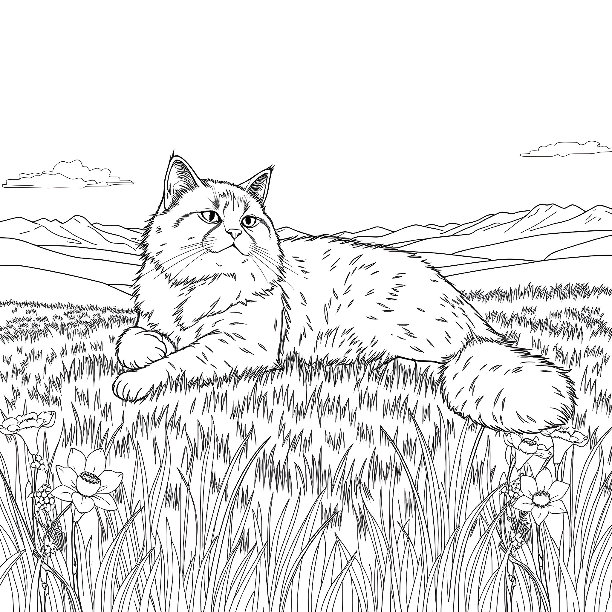 Cat relaxing peacefully in a grassy field Coloring Page (free black-and-white line drawing printable PDF for all, from beginners to advanced learners, including children, teens, adults, and seniors)