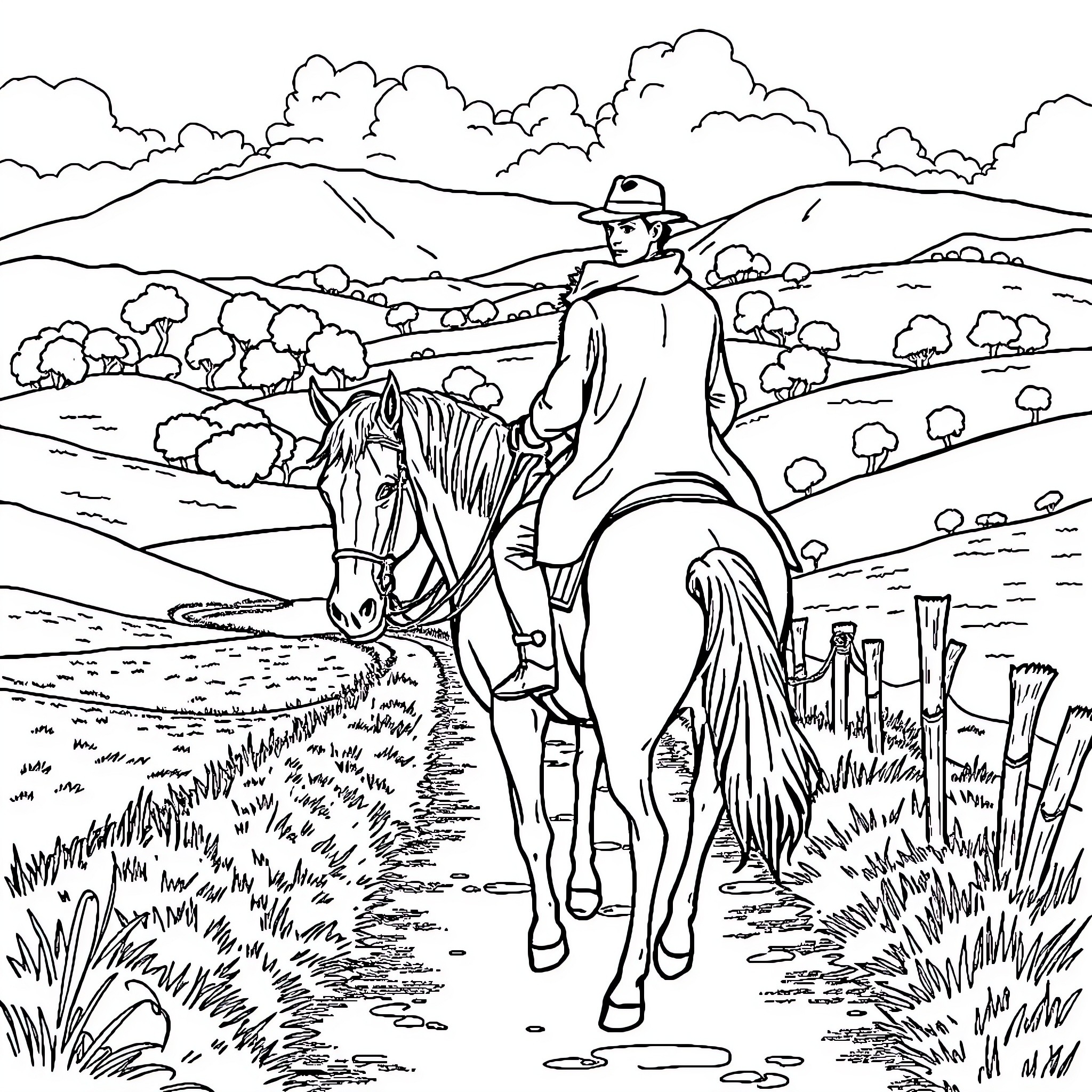 Horse rider exploring the countryside landscape Coloring Page (free black-and-white line drawing printable PDF for all, from beginners to advanced learners, including children, teens, adults, and seniors)
