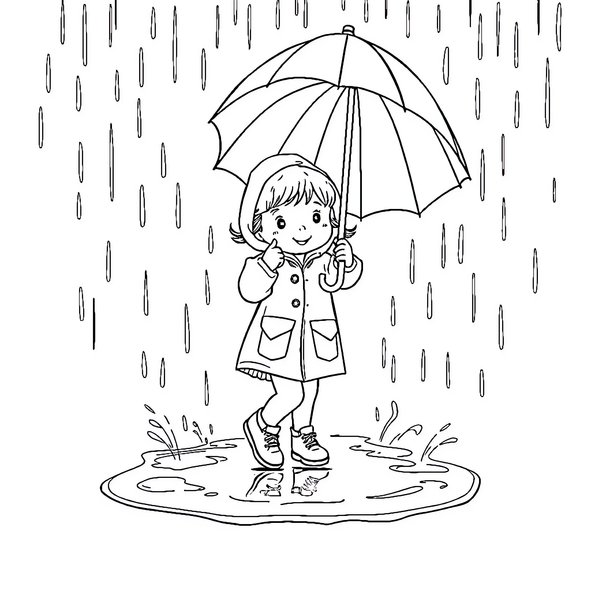 Girl Playing in the Rain with Umbrella Coloring Page (free black-and-white line drawing printable PDF for all, from beginners to advanced learners, including children, teens, adults, and seniors)