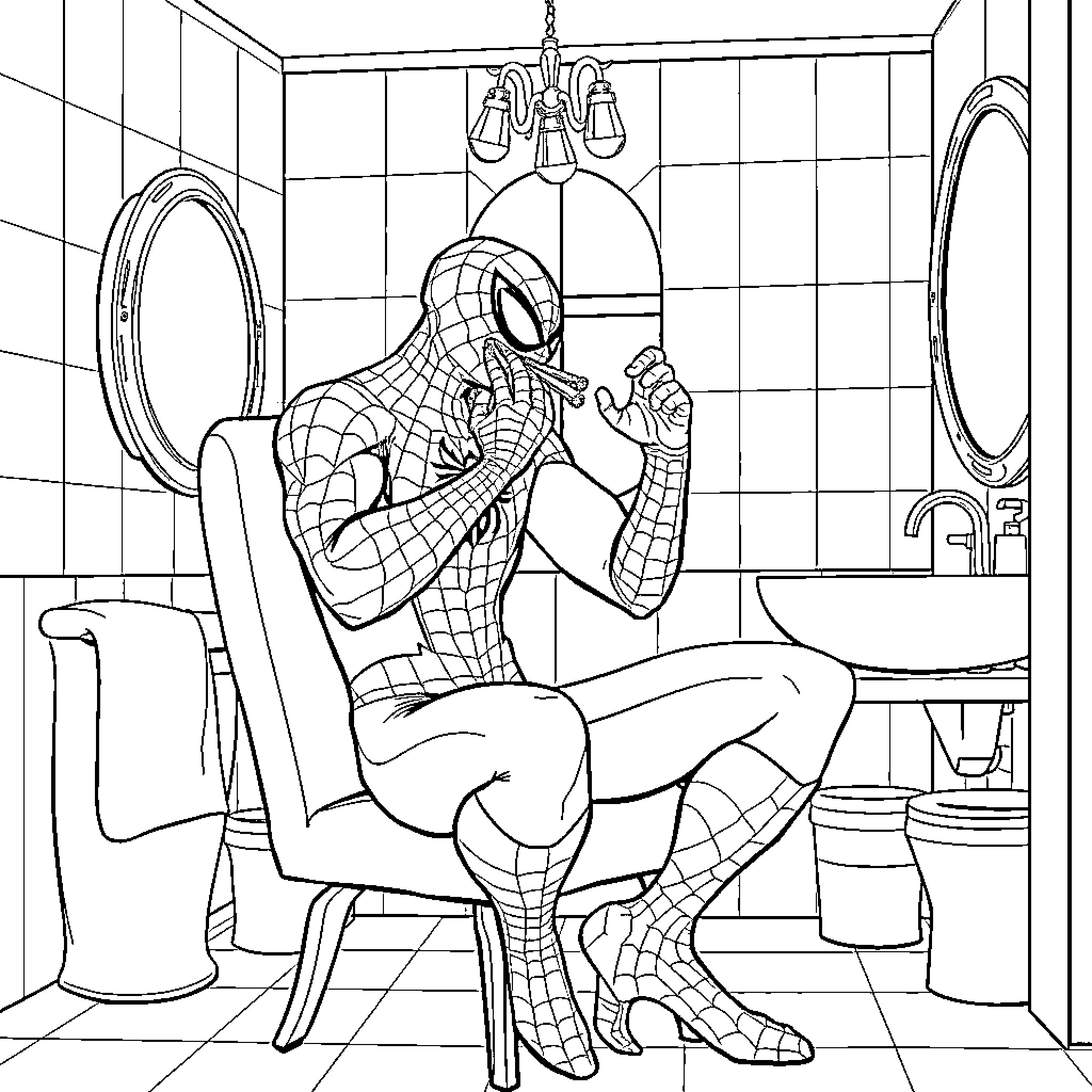 Spiderman sitting in a bathroom applying face cream Coloring Page (free black-and-white line drawing printable PDF for all, from beginners to advanced learners, including children, teens, adults, and seniors)