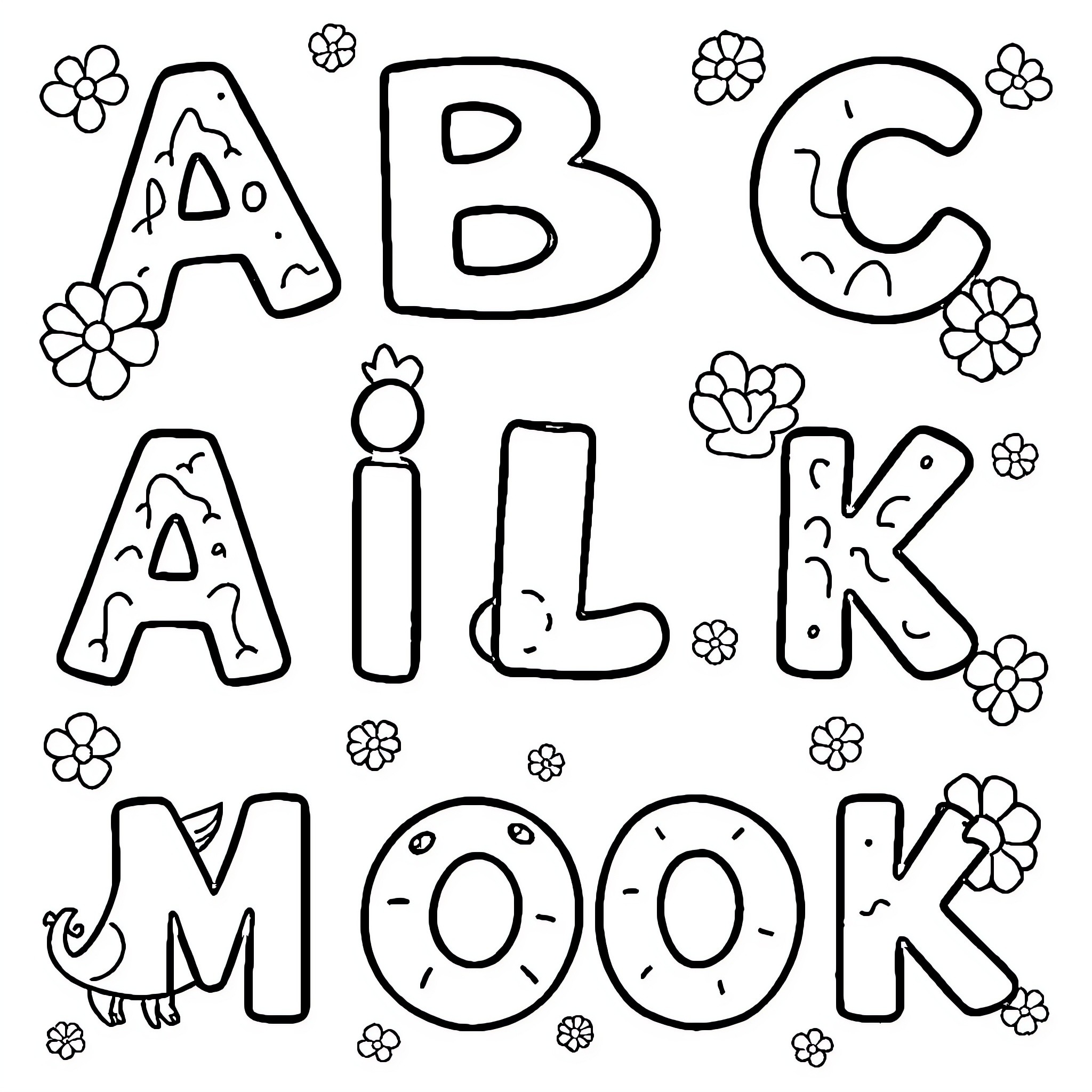 ABC Playful coloring letters and flowers Coloring Page (free black-and-white line drawing printable PDF for all, from beginners to advanced learners, including children, teens, adults, and seniors)
