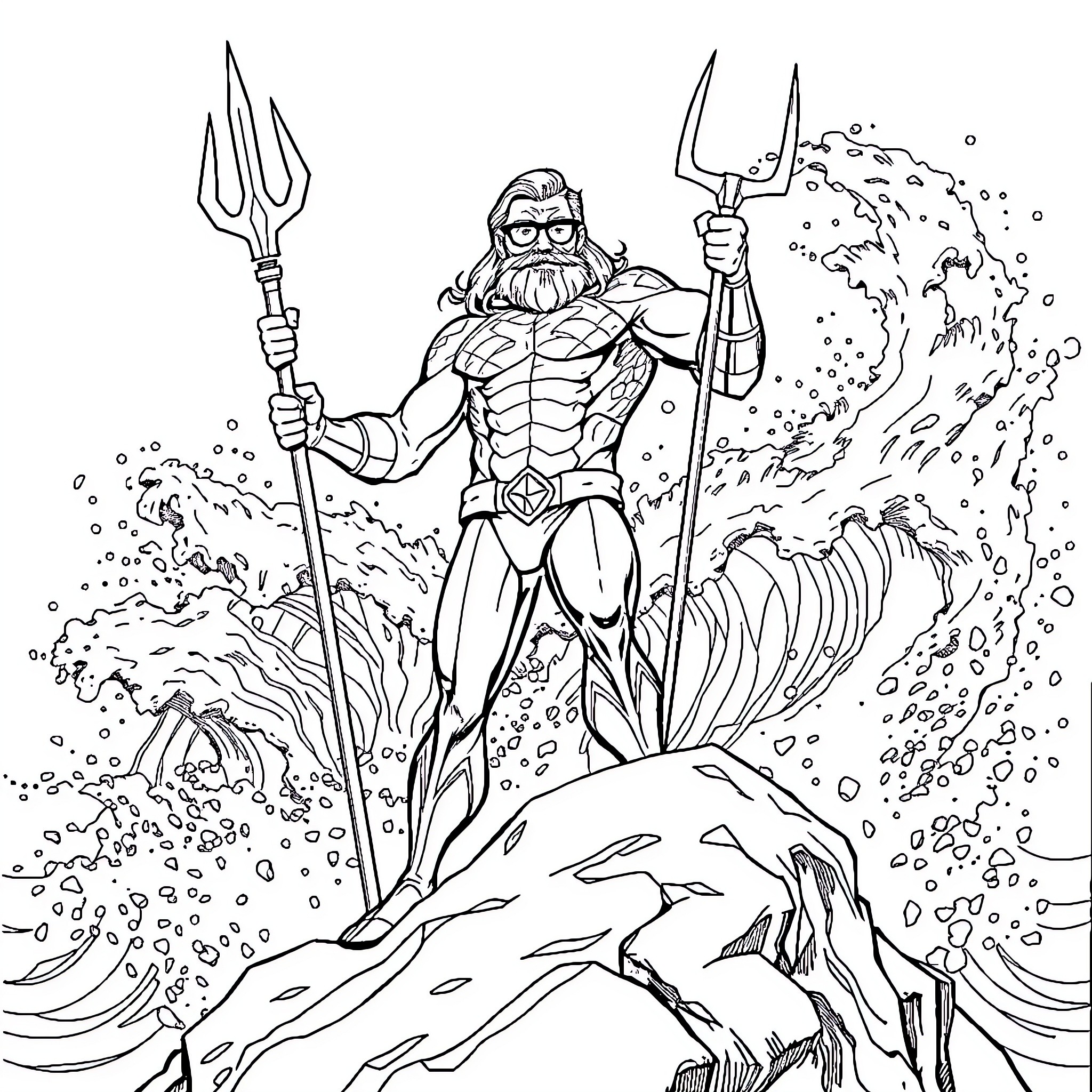 Aquaman wielding trident amid crashing waves Coloring Page (free black-and-white line drawing printable PDF for all, from beginners to advanced learners, including children, teens, adults, and seniors)