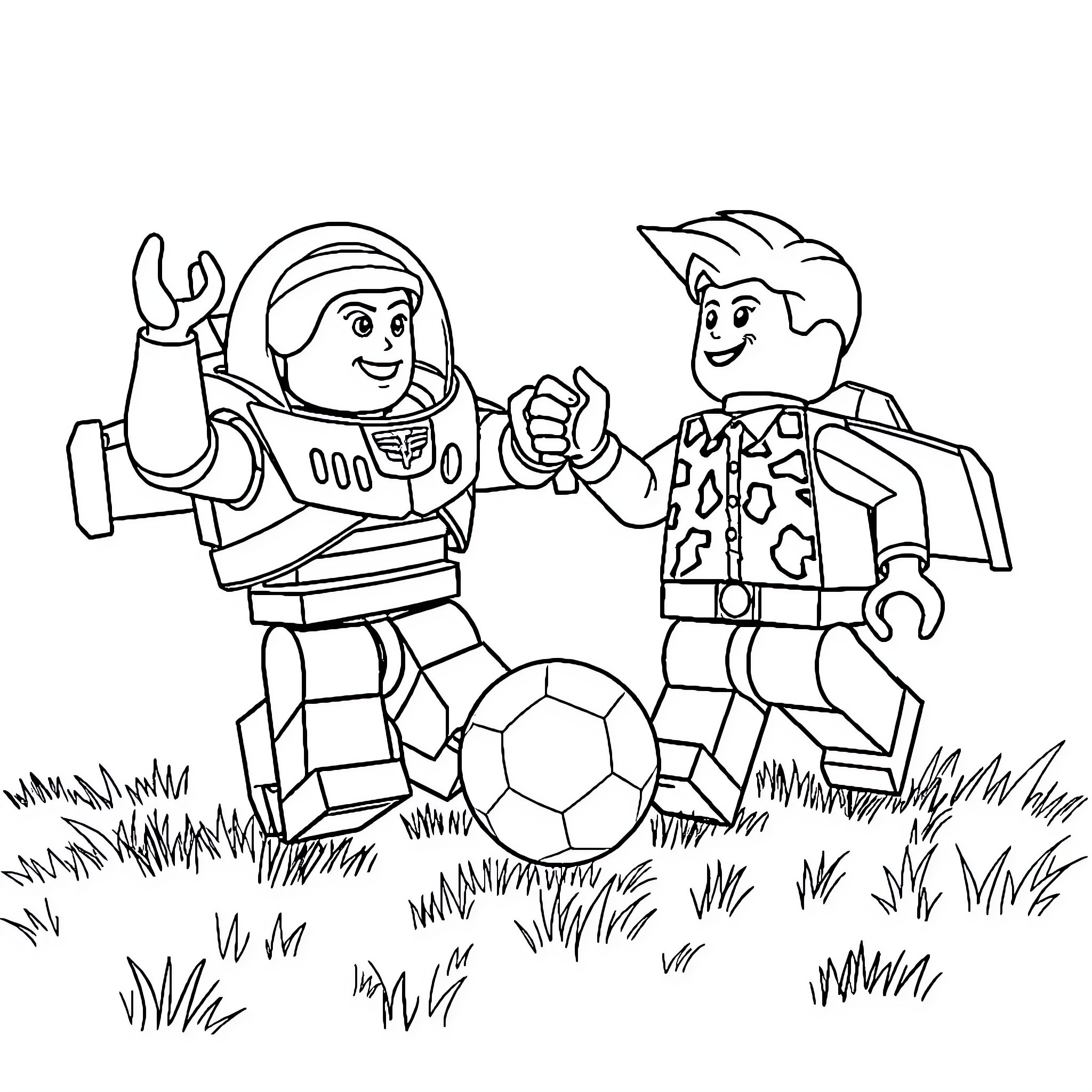 Buzz and Woody playing soccer together Coloring Page (free black-and-white line drawing printable PDF for all, from beginners to advanced learners, including children, teens, adults, and seniors)