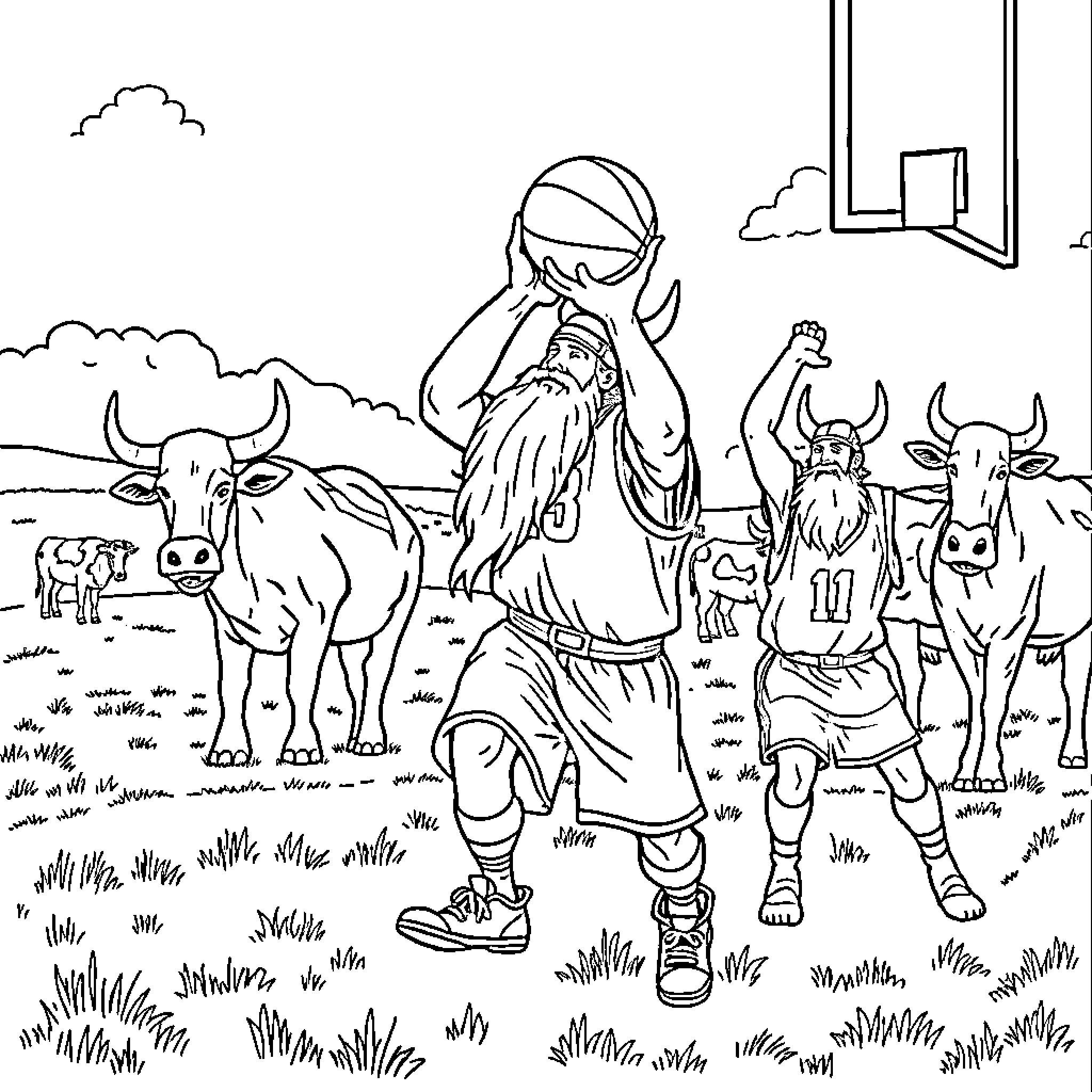 Viking warriors and their cattle in a rural setting Coloring Page (free black-and-white line drawing printable PDF for all, from beginners to advanced learners, including children, teens, adults, and seniors)