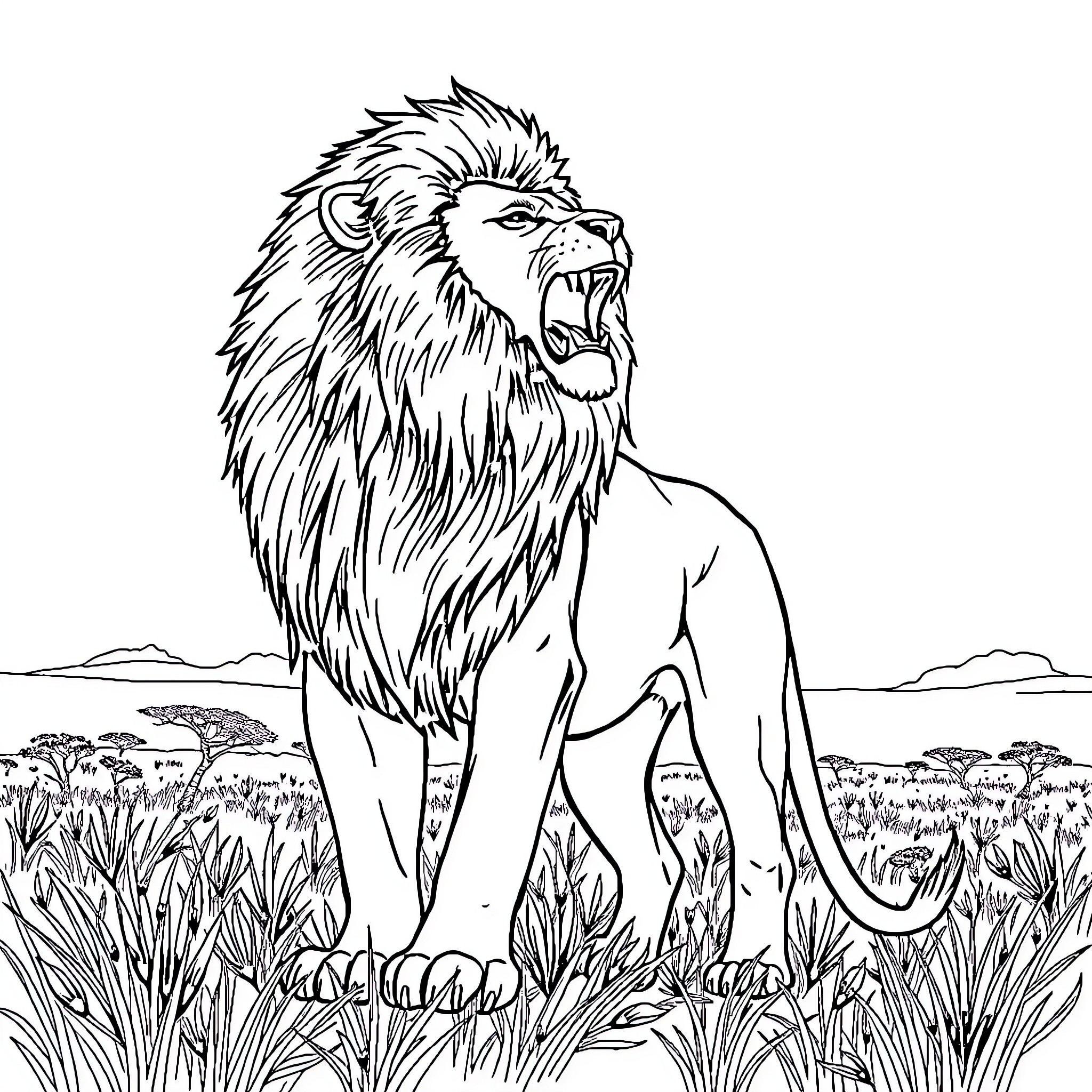 Lion roaring with fierce expression in the wild Coloring Page (free black-and-white line drawing printable PDF for all, from beginners to advanced learners, including children, teens, adults, and seniors)