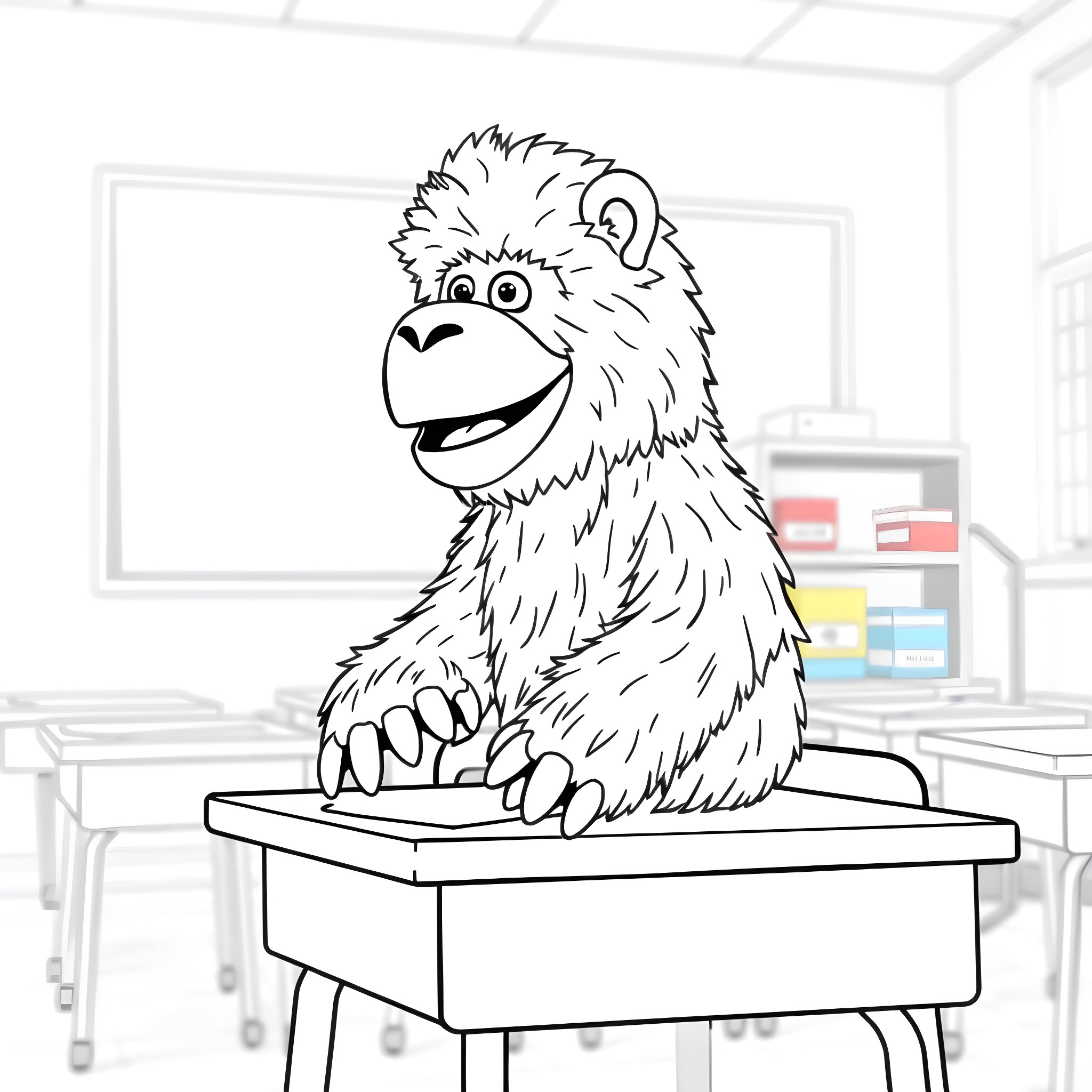 Yeti sitting happily on a desk in a classroom Coloring Page (free black-and-white line drawing printable PDF for all, from beginners to advanced learners, including children, teens, adults, and seniors)