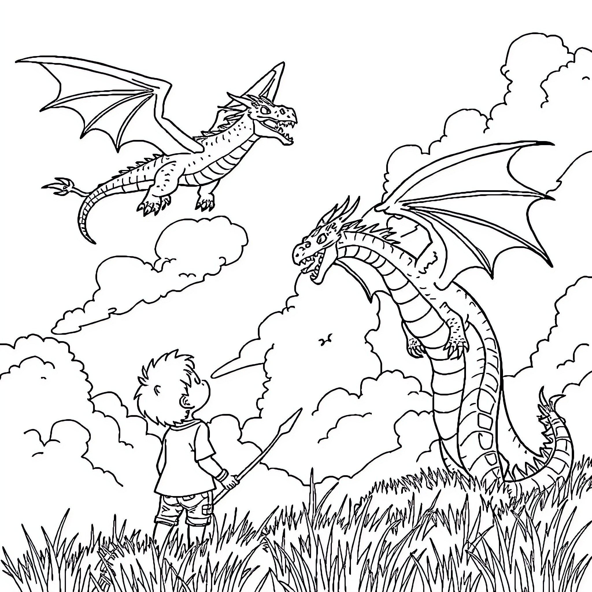 Dragon soaring through the sky with a curious child Coloring Page (free black-and-white line drawing printable PDF for all, from beginners to advanced learners, including children, teens, adults, and seniors)