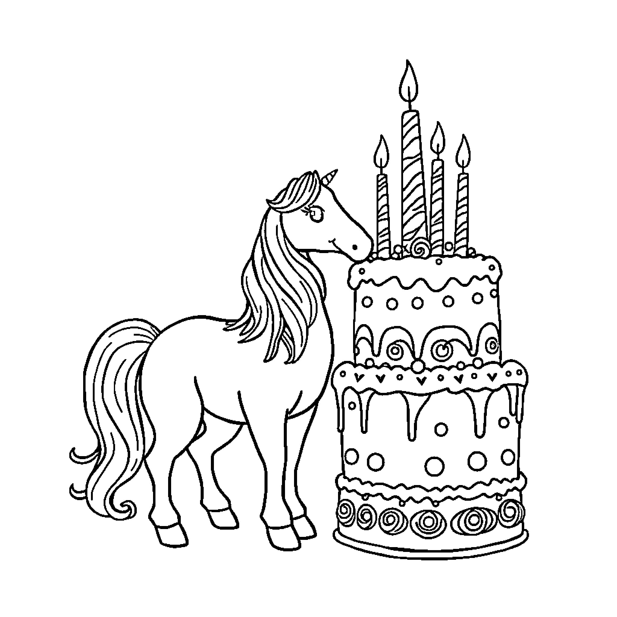 Unicorn enjoying a birthday cake with candles Coloring Page (free black-and-white line drawing printable PDF for all, from beginners to advanced learners, including children, teens, adults, and seniors)