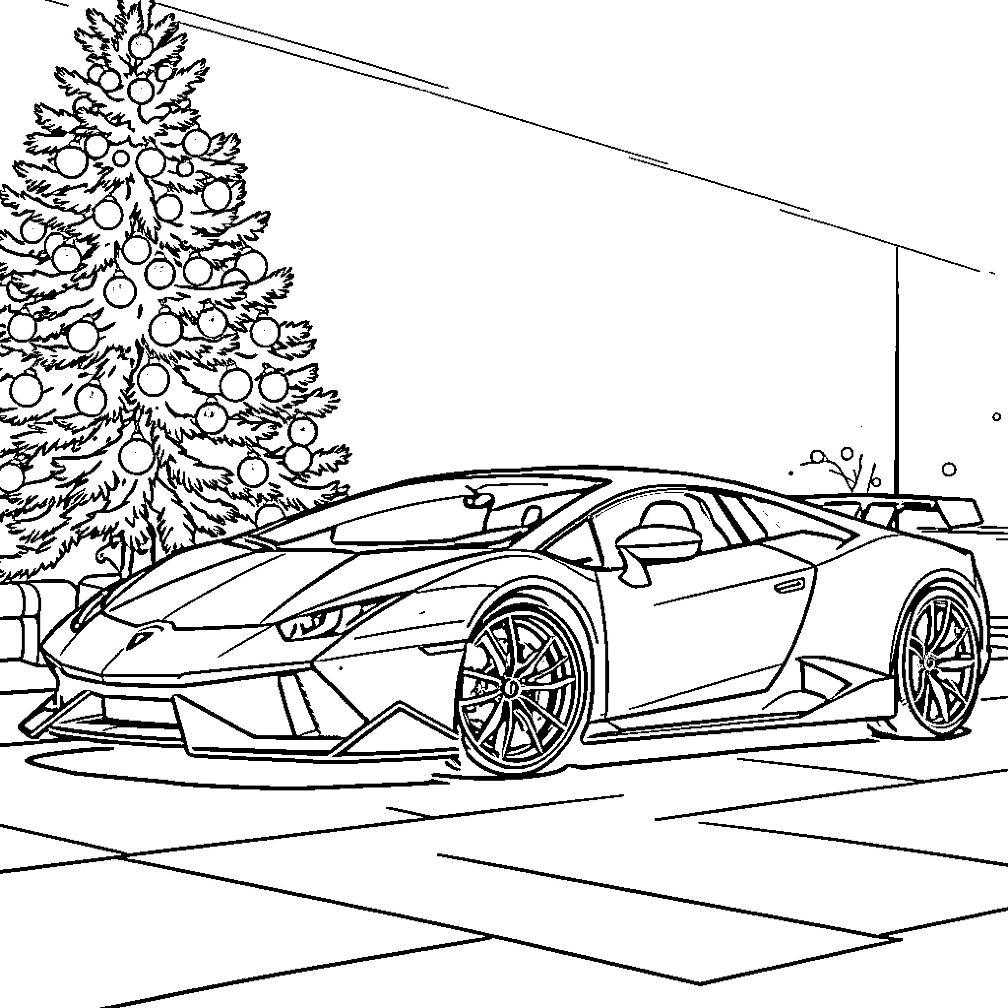 Lamborghini sports car in winter landscape Coloring Page (free black-and-white line drawing printable PDF for all, from beginners to advanced learners, including children, teens, adults, and seniors)