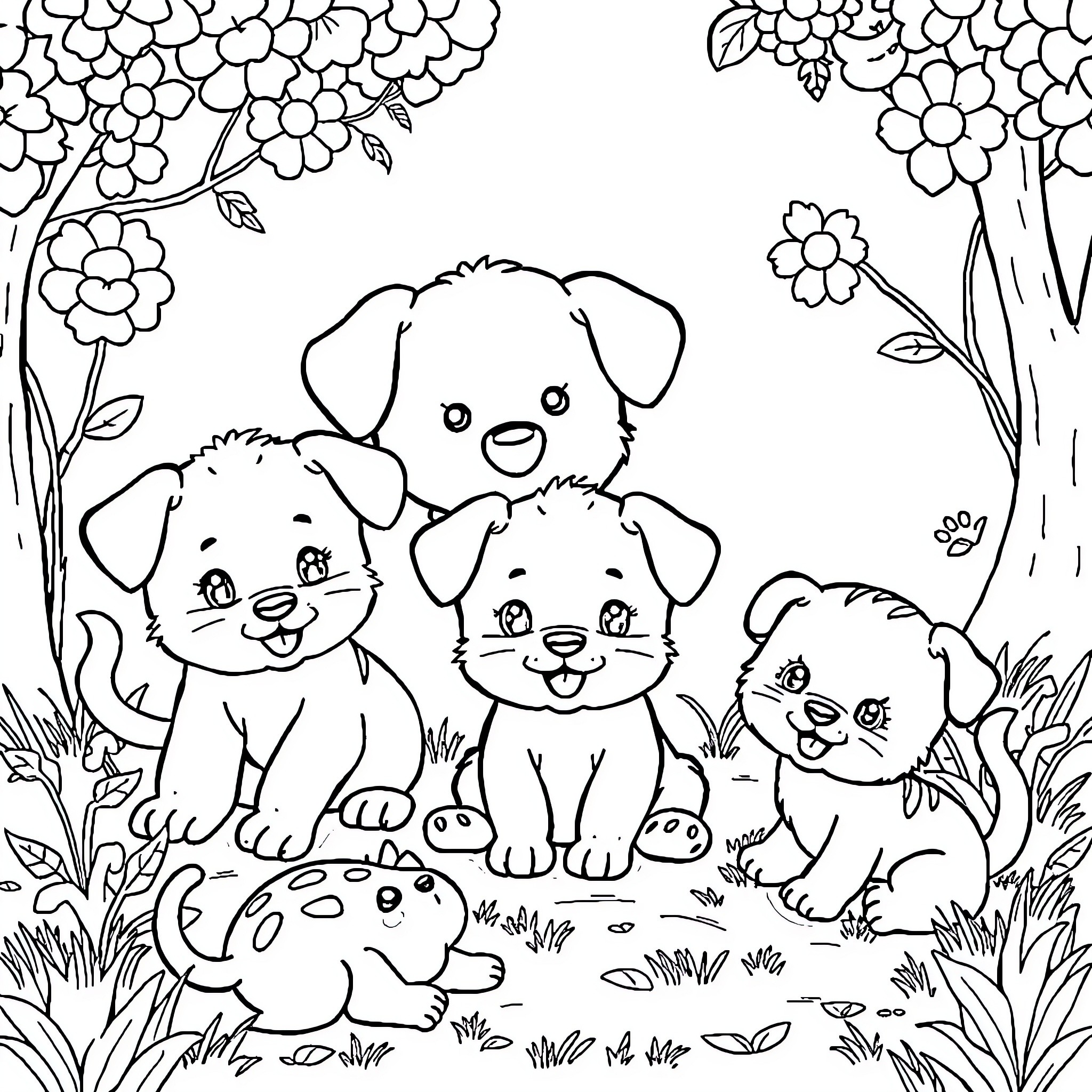 Animal puppies playing in floral garden Coloring Page (free black-and-white line drawing printable PDF for all, from beginners to advanced learners, including children, teens, adults, and seniors)