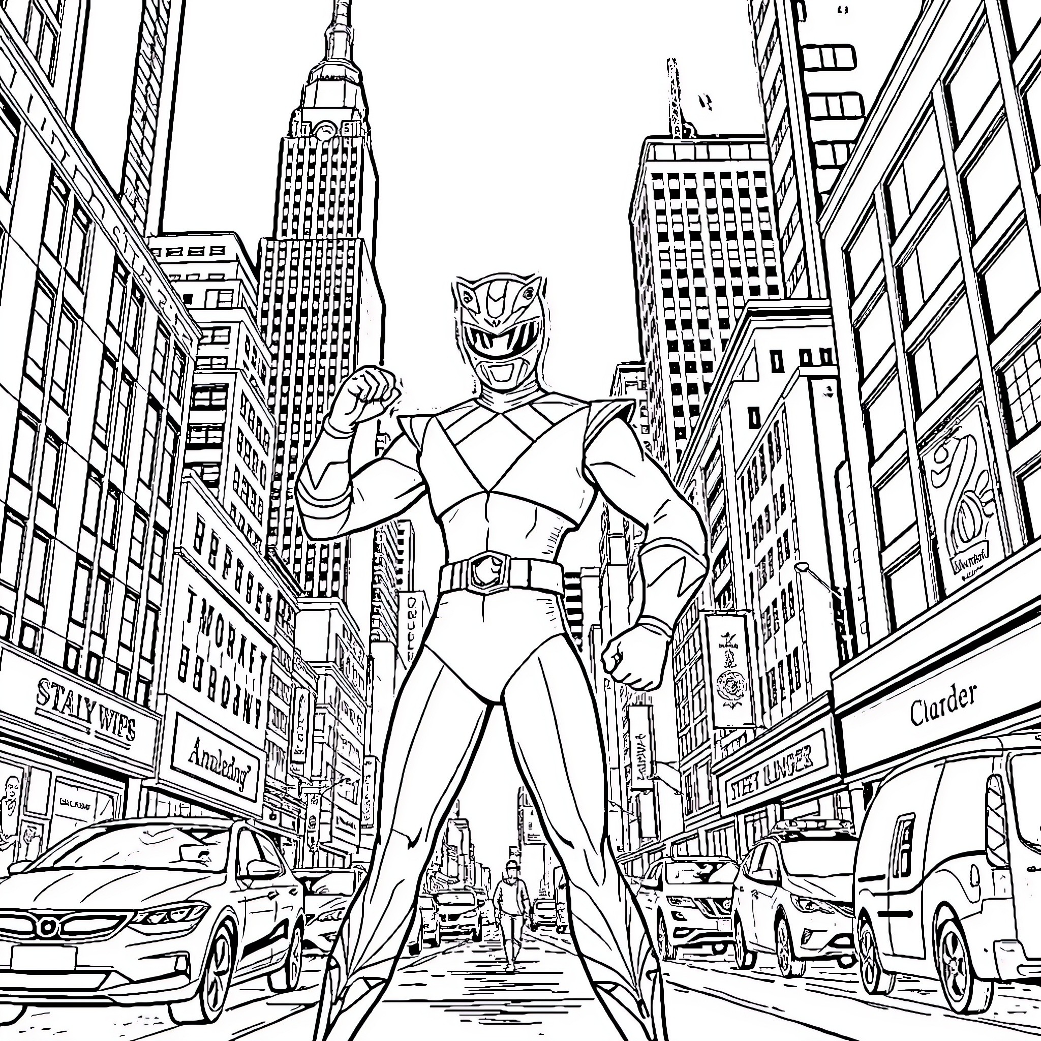 Tommy Oliver Battles in the Bustling City Coloring Page (free black-and-white line drawing printable PDF for all, from beginners to advanced learners, including children, teens, adults, and seniors)