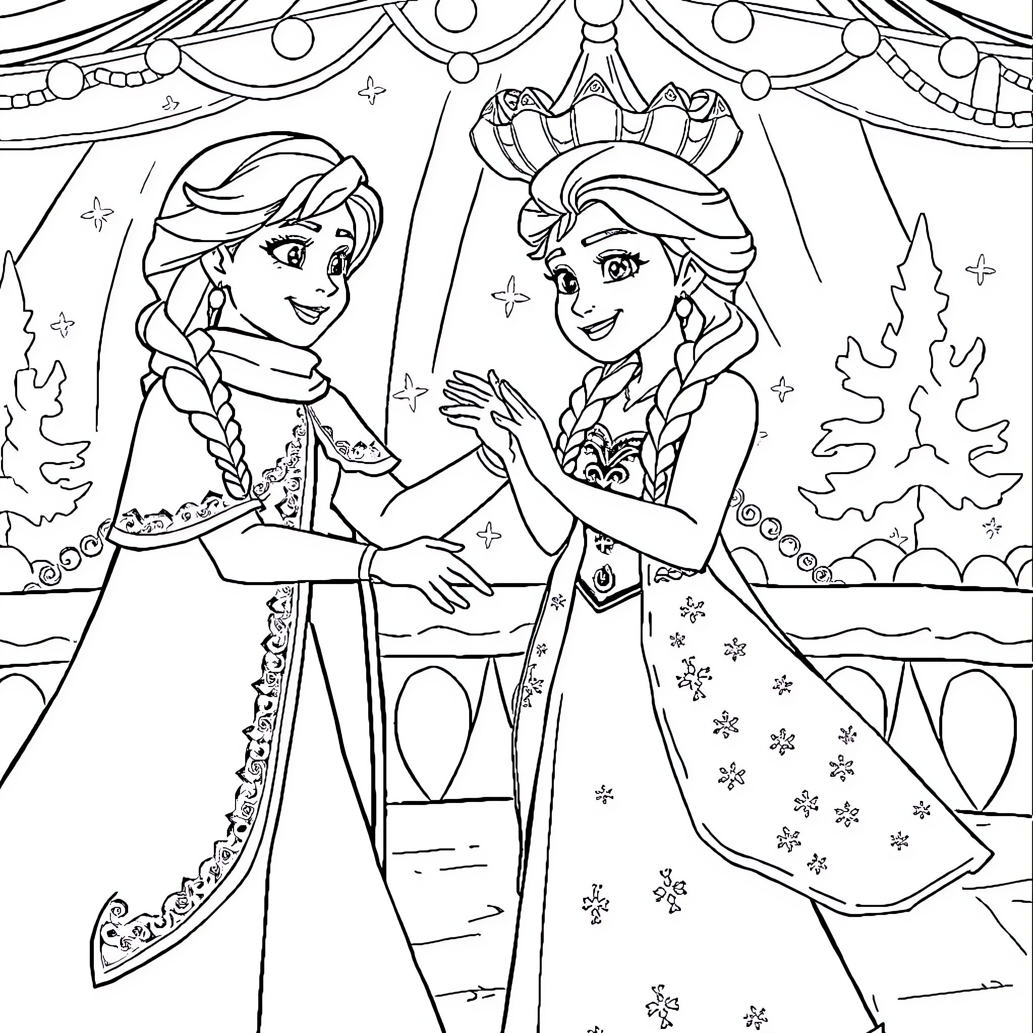 Elsa and Anna in Winter Wonderland Coloring Page (free black-and-white line drawing printable PDF for all, from beginners to advanced learners, including children, teens, adults, and seniors)