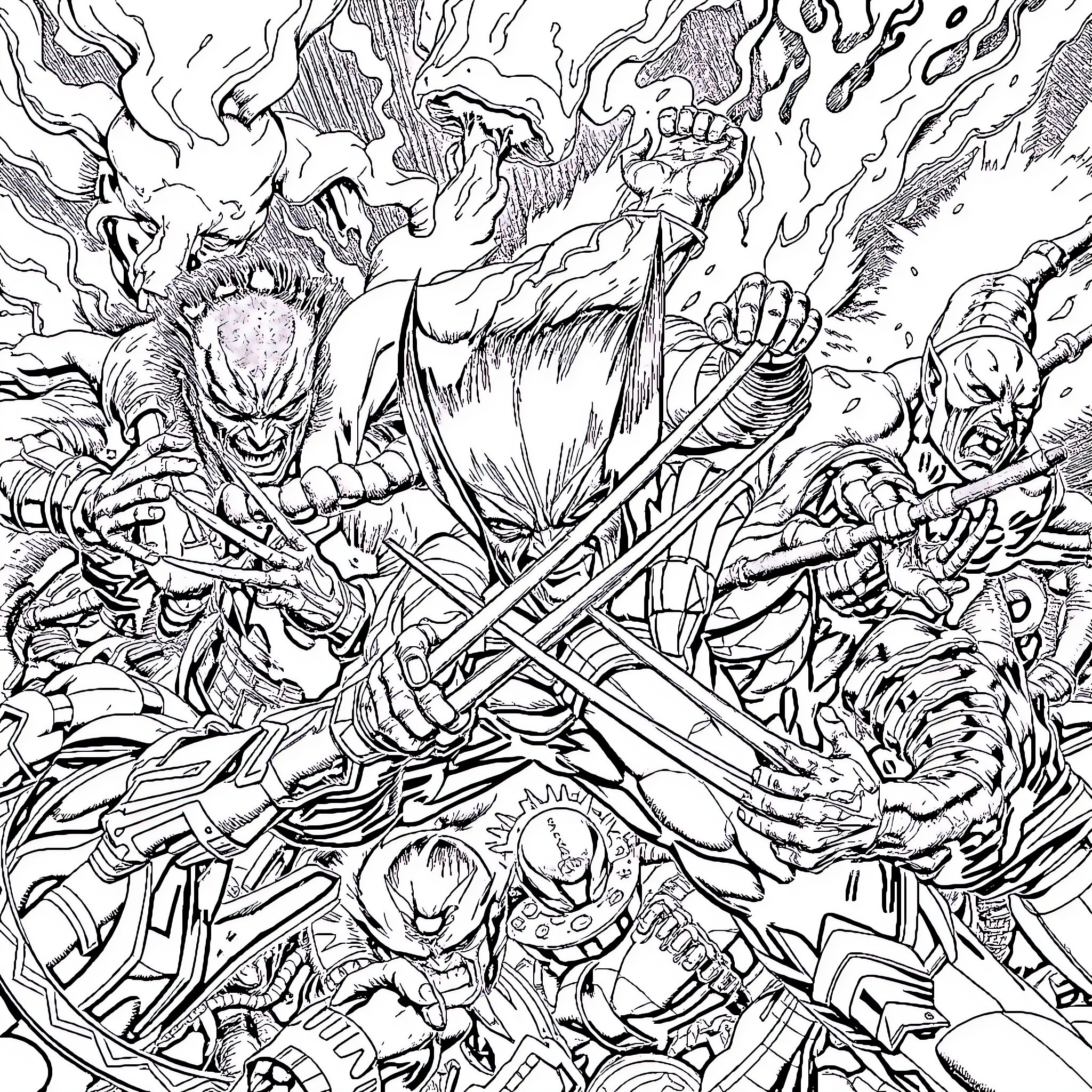 Wolverine Battles Fierce Enemies in Intense Combat Coloring Page (free black-and-white line drawing printable PDF for all, from beginners to advanced learners, including children, teens, adults, and seniors)
