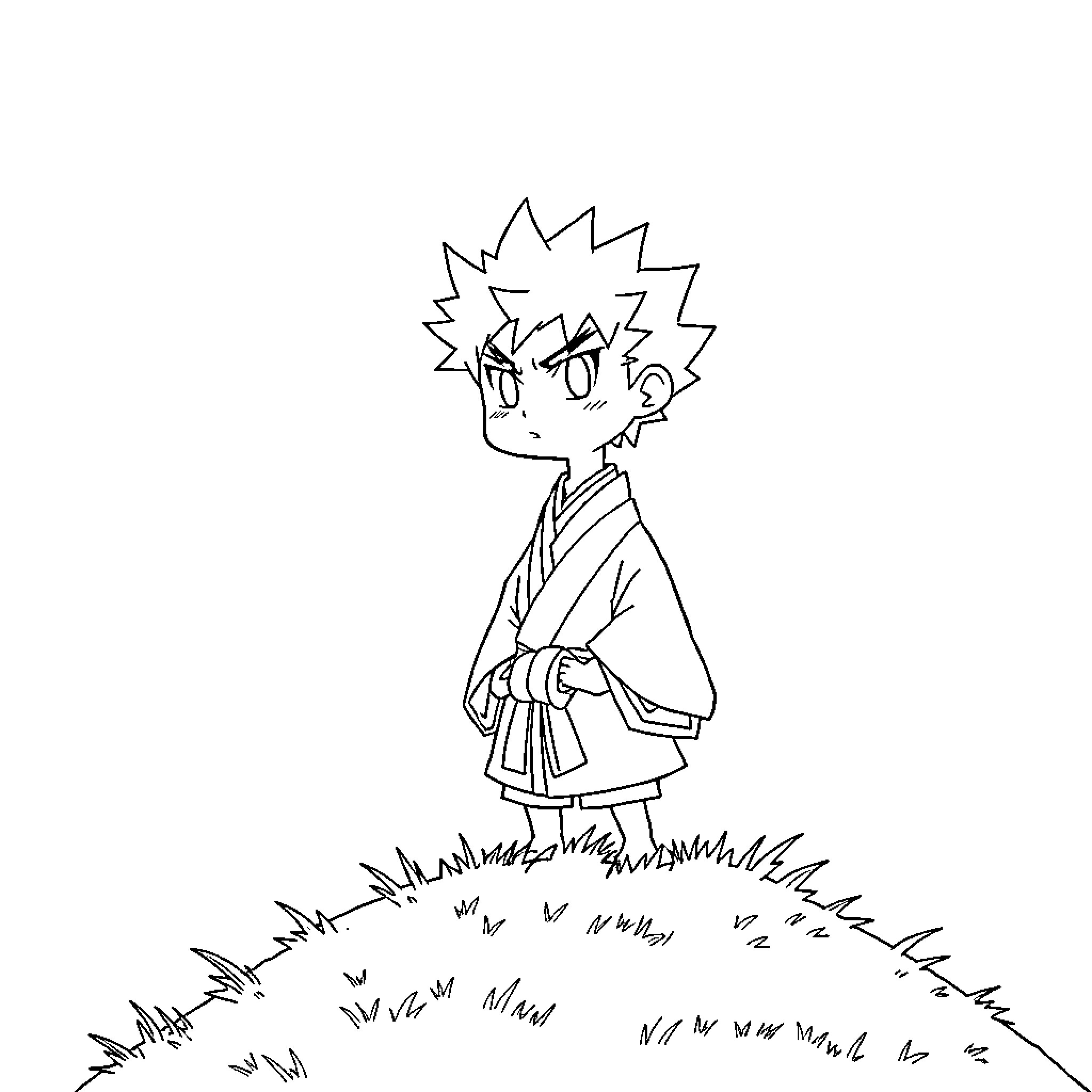Zenitsu standing solemnly in a field Coloring Page (free black-and-white line drawing printable PDF for all, from beginners to advanced learners, including children, teens, adults, and seniors)