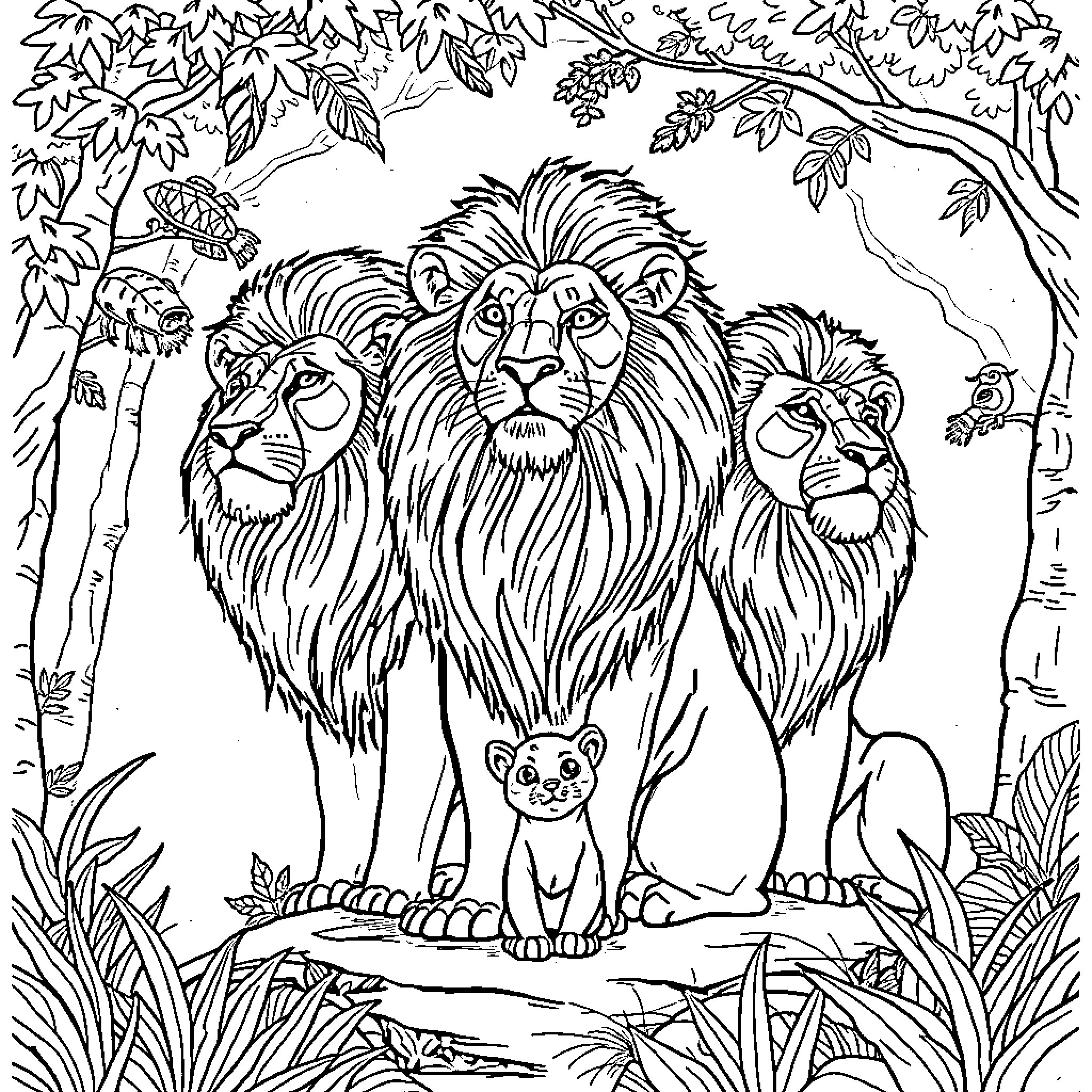 Lion family in the forest Coloring Page (free black-and-white line drawing printable PDF for all, from beginners to advanced learners, including children, teens, adults, and seniors)