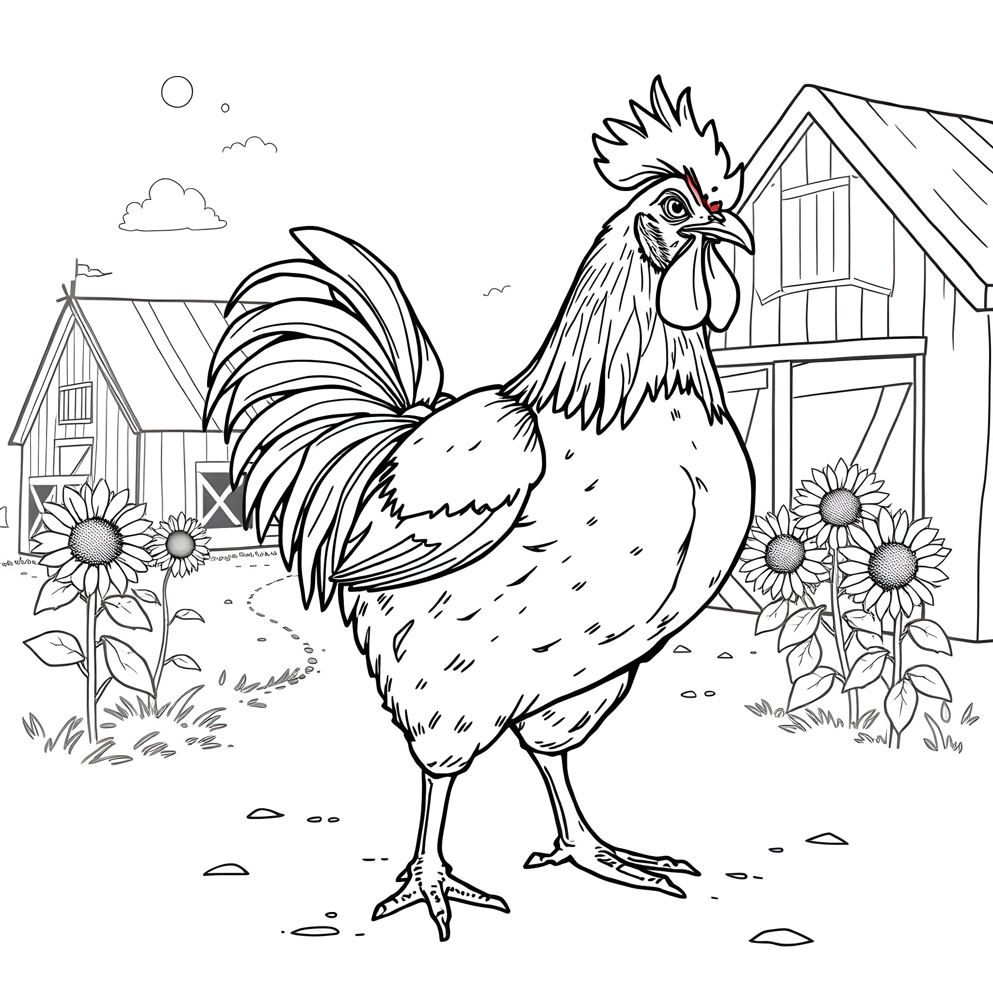 Buff Chicken strutting proudly on the farm Coloring Page (free black-and-white line drawing printable PDF for all, from beginners to advanced learners, including children, teens, adults, and seniors)