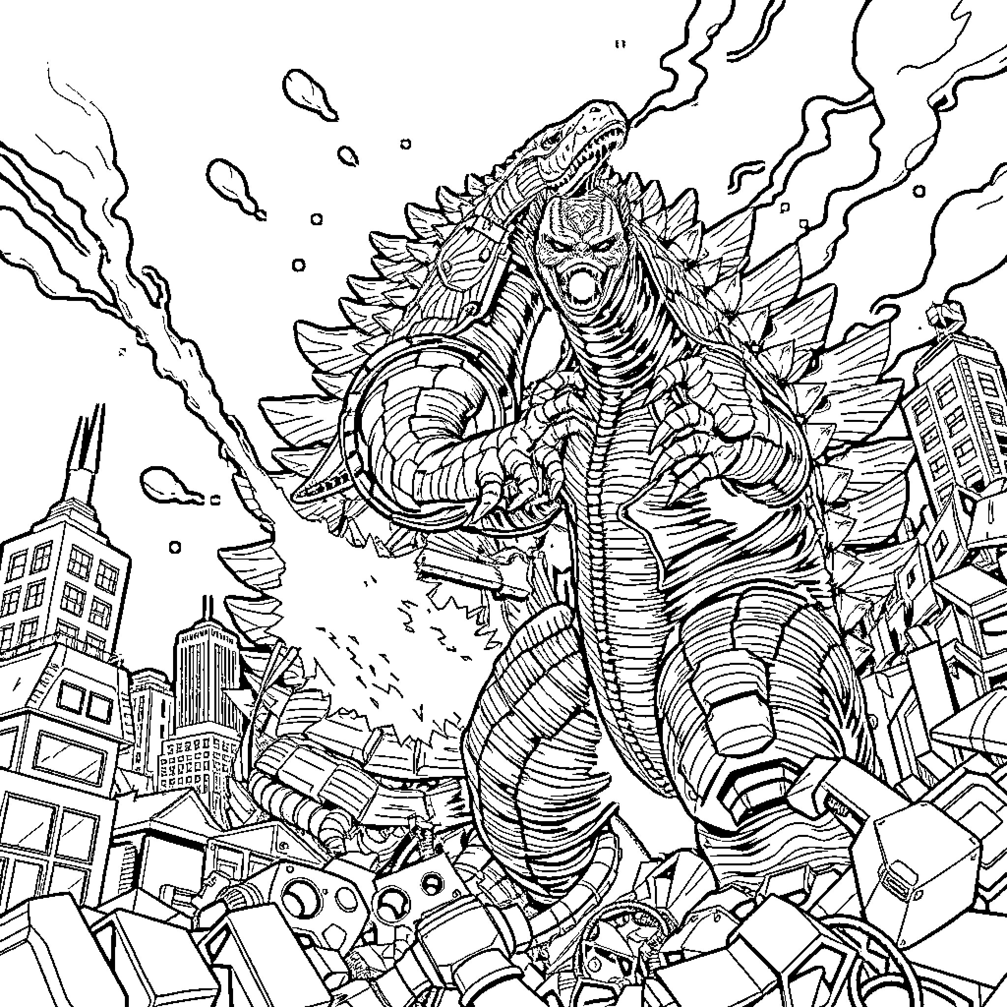 Godzilla rampaging through the city, destroying buildings Coloring Page (free black-and-white line drawing printable PDF for all, from beginners to advanced learners, including children, teens, adults, and seniors)