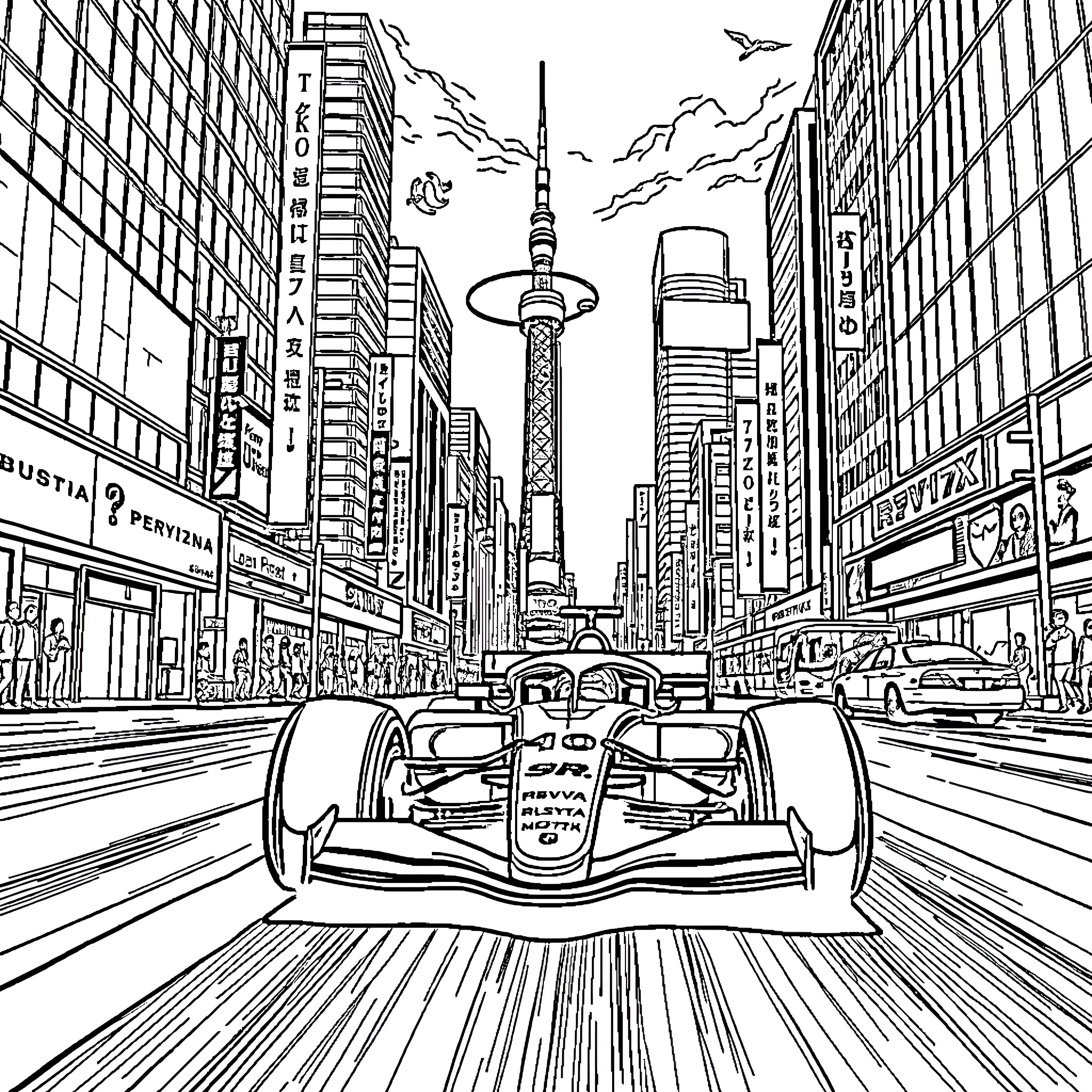 Formula One Car racing through futuristic city Coloring Page (free black-and-white line drawing printable PDF for all, from beginners to advanced learners, including children, teens, adults, and seniors)