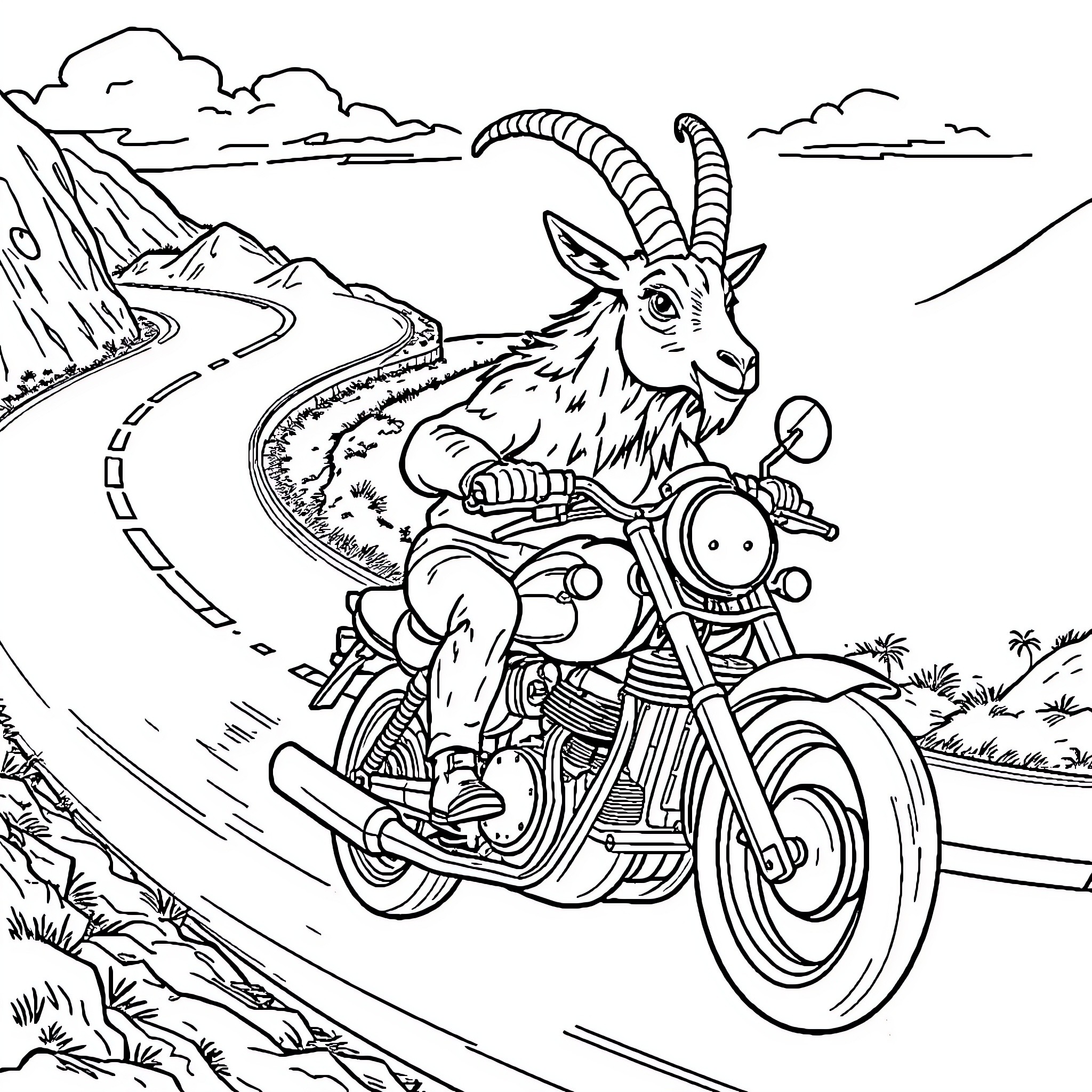 Mountain Goat riding motorcycle through scenic landscape Coloring Page (free black-and-white line drawing printable PDF for all, from beginners to advanced learners, including children, teens, adults, and seniors)