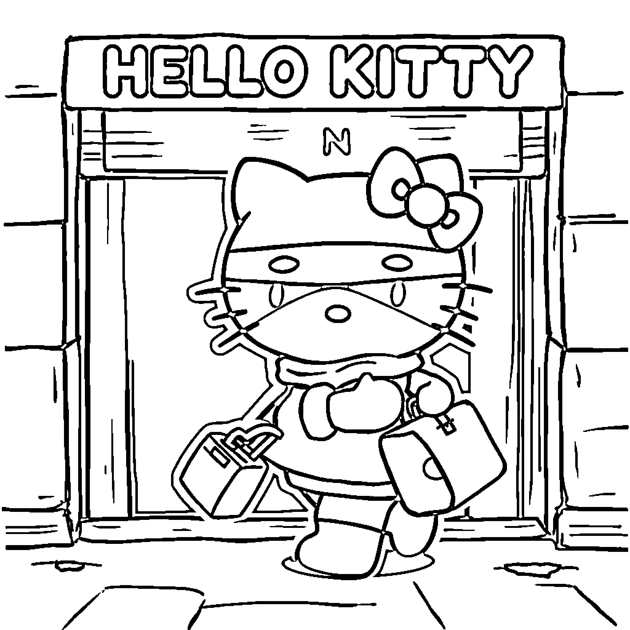 Hello Kitty exploring the city streets Coloring Page (free black-and-white line drawing printable PDF for all, from beginners to advanced learners, including children, teens, adults, and seniors)