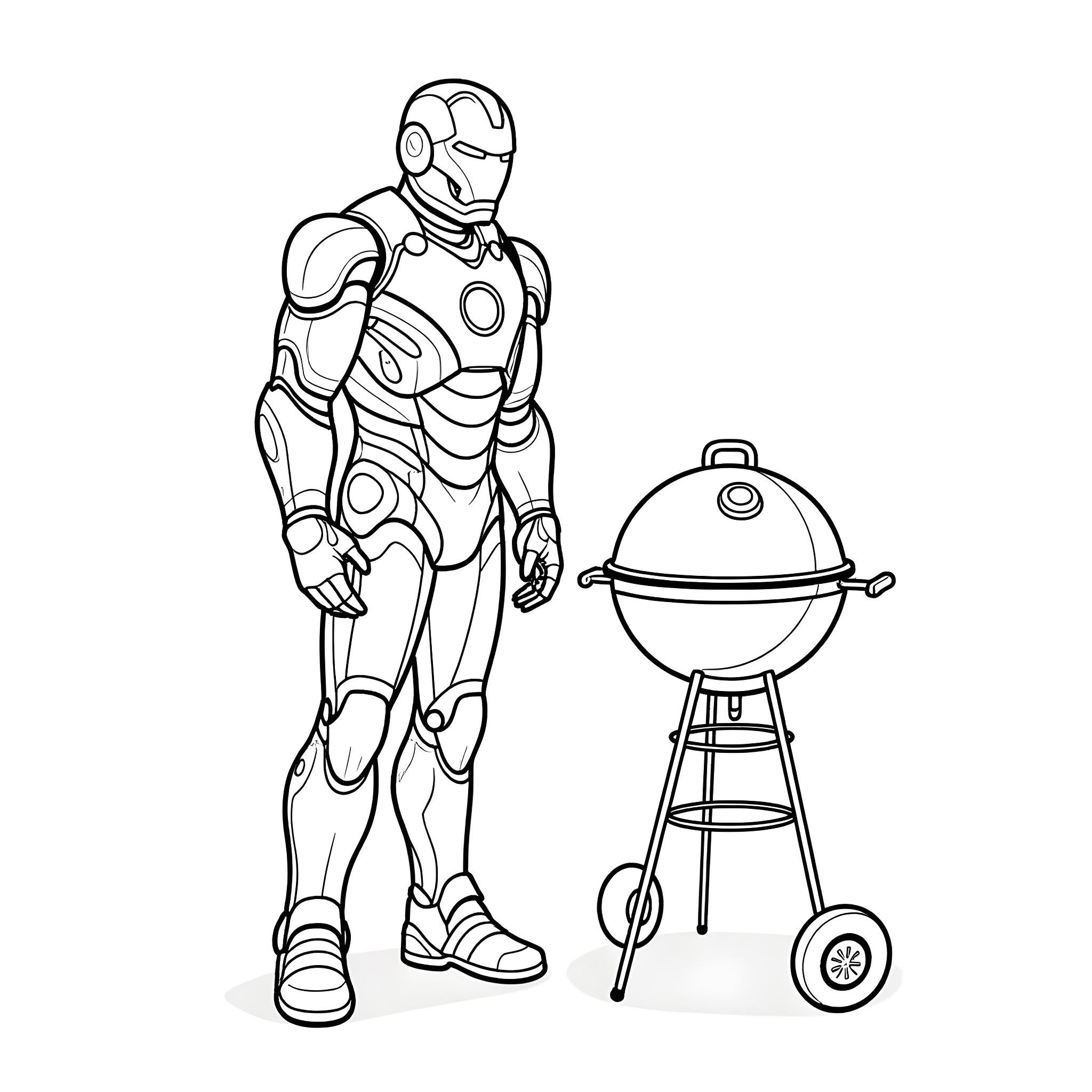 Ironman preparing to grill at a BBQ Coloring Page (free black-and-white line drawing printable PDF for all, from beginners to advanced learners, including children, teens, adults, and seniors)