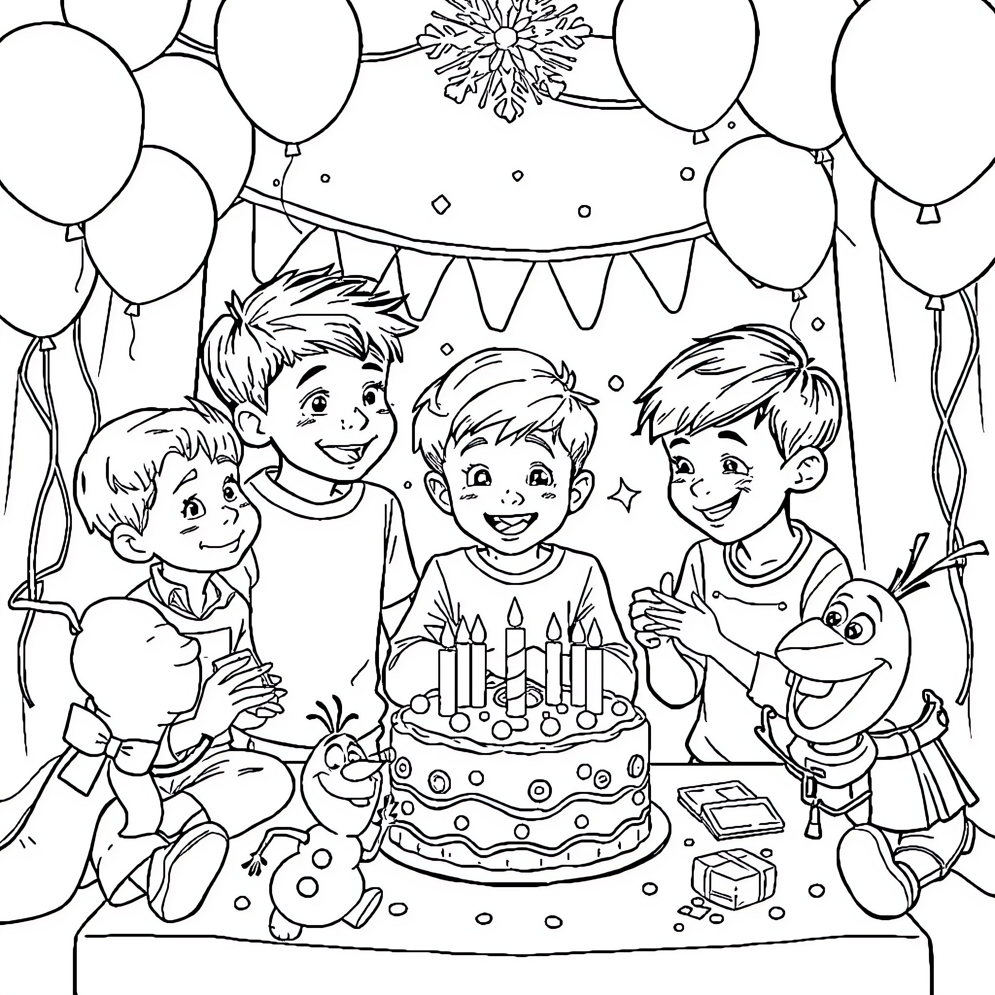 Boy's Birthday Party with Friends and Cake Coloring Page (free black-and-white line drawing printable PDF for all, from beginners to advanced learners, including children, teens, adults, and seniors)