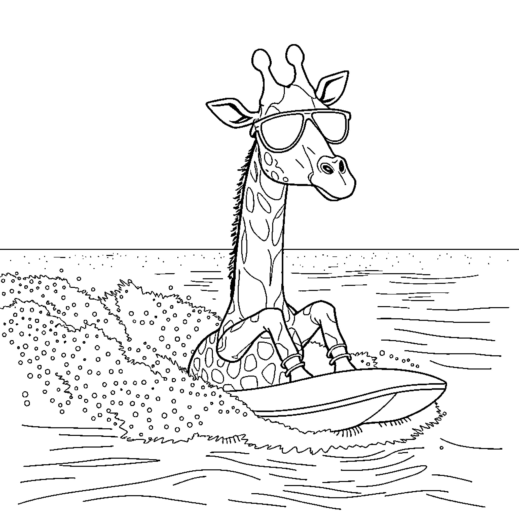 Giraffe surfing in the waves Coloring Page (free black-and-white line drawing printable PDF for all, from beginners to advanced learners, including children, teens, adults, and seniors)