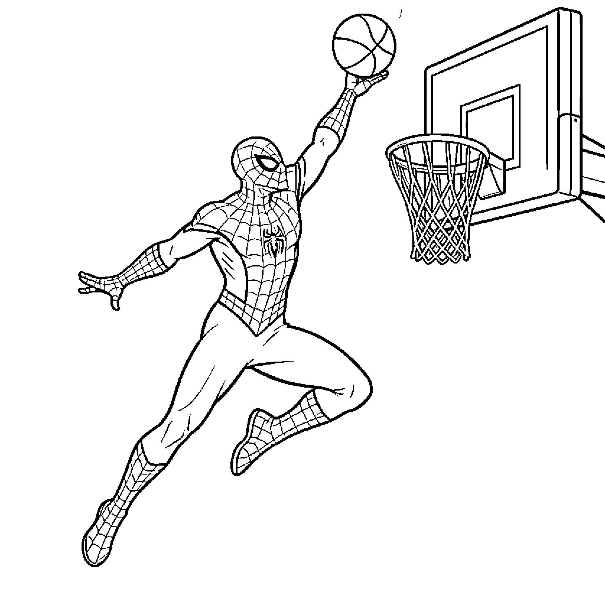 Spiderman jumping high to shoot a basketball Coloring Page (free black-and-white line drawing printable PDF for all, from beginners to advanced learners, including children, teens, adults, and seniors)