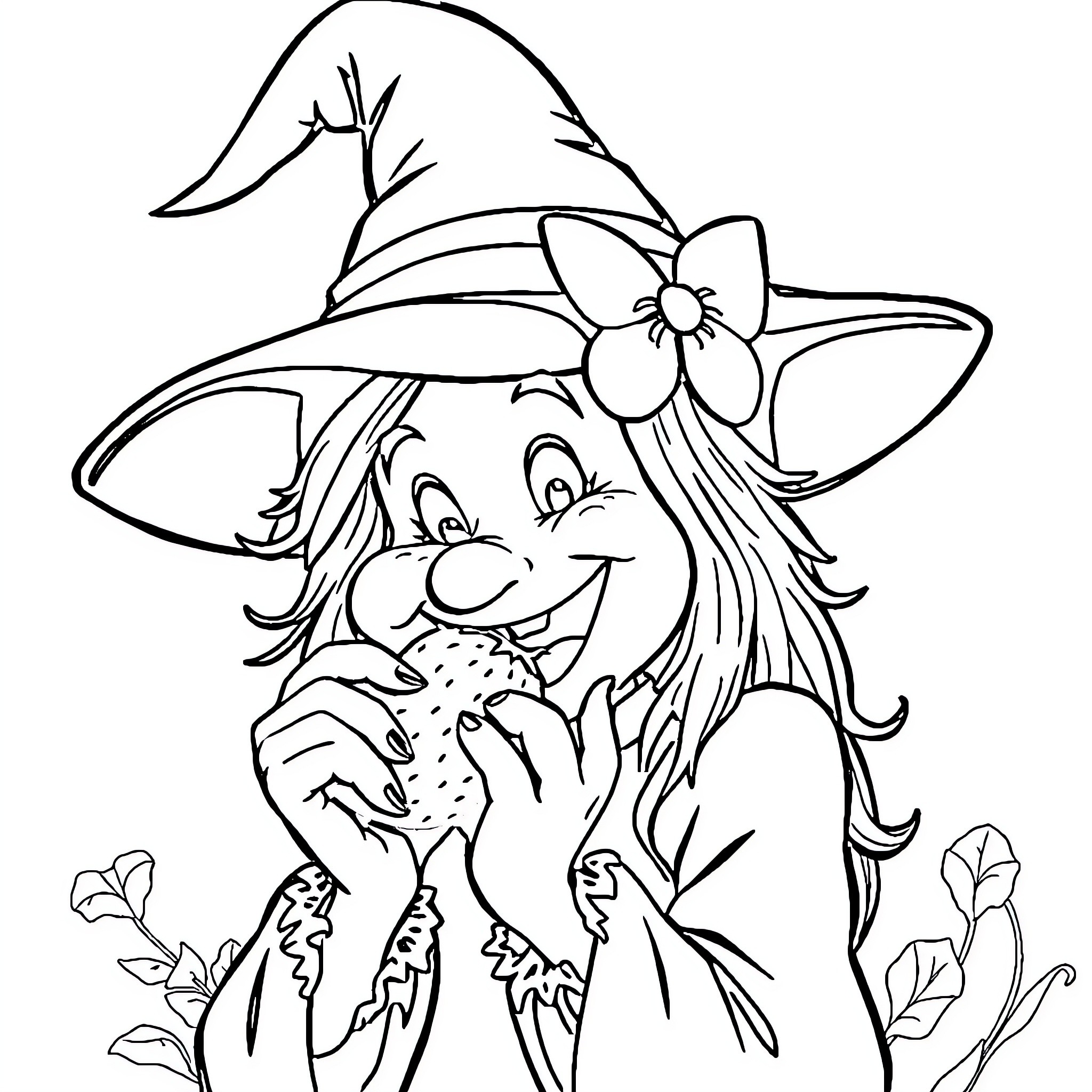 Witch with mischievous expression holding a frog Coloring Page (free black-and-white line drawing printable PDF for all, from beginners to advanced learners, including children, teens, adults, and seniors)