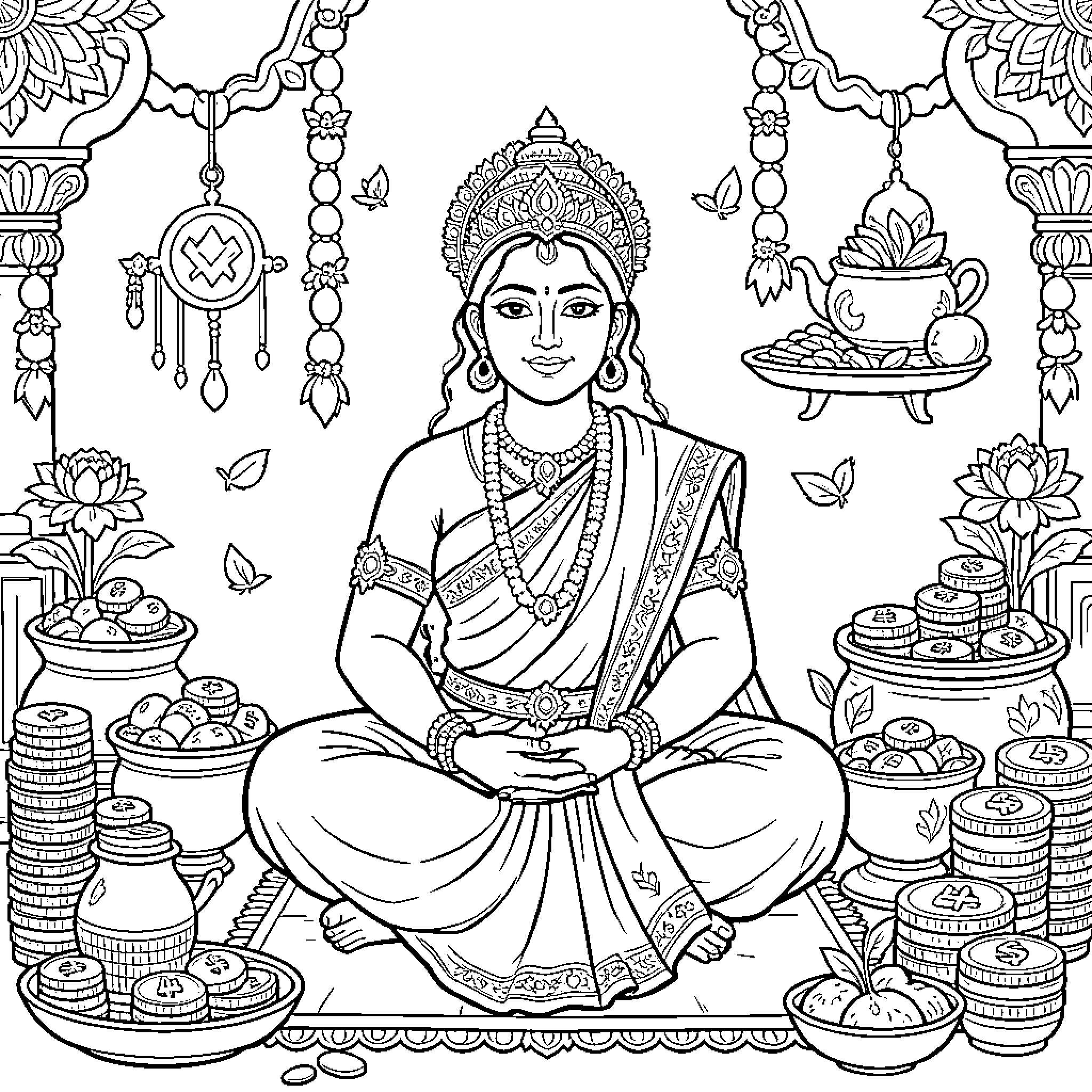 Laxmi sitting gracefully amidst pots of coins Coloring Page (free black-and-white line drawing printable PDF for all, from beginners to advanced learners, including children, teens, adults, and seniors)